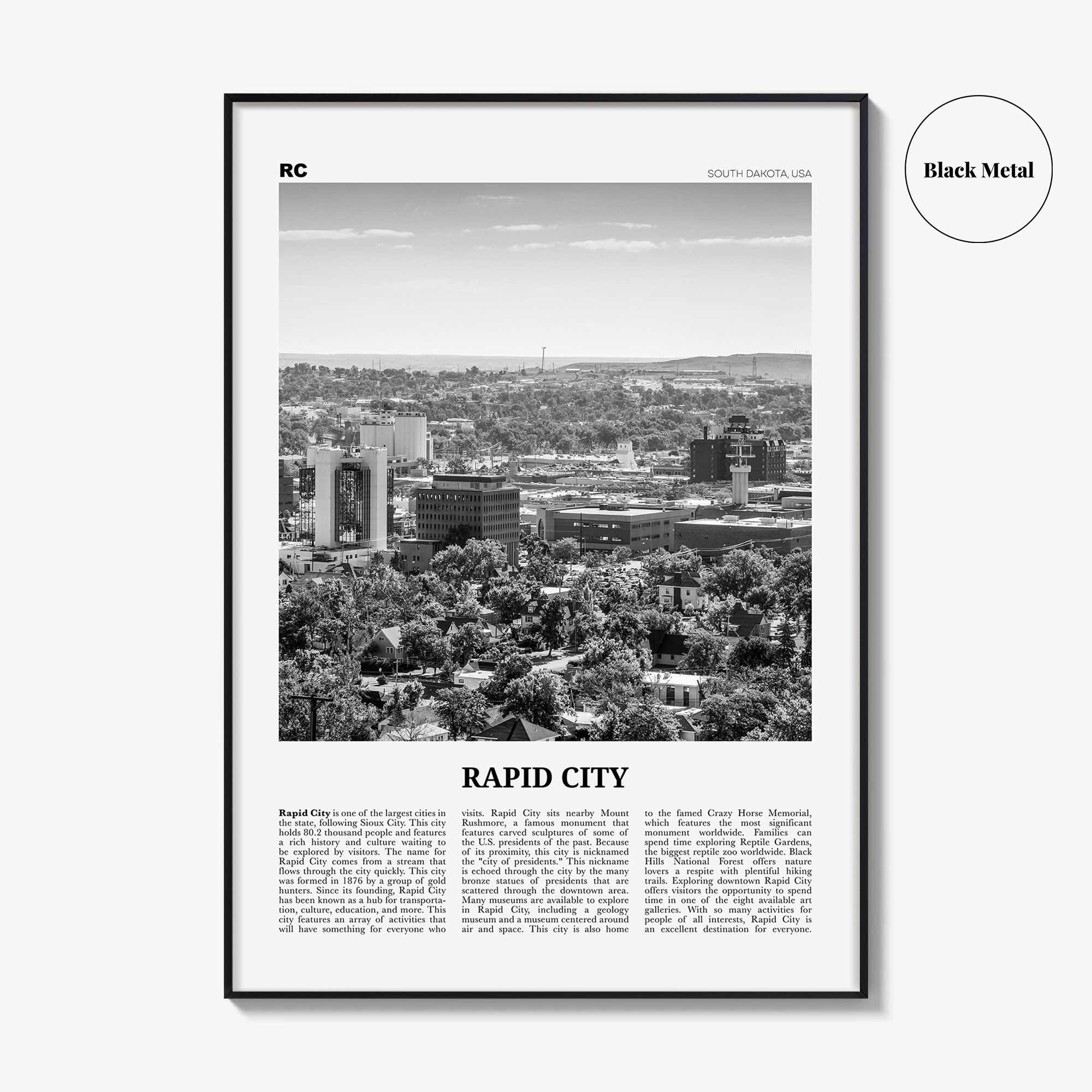 Rapid City Print Black and White, Rapid City Wall Art, Rapid City Poster, Rapid City Photo, Rapid City Wall Décor, South Dakota, USA
