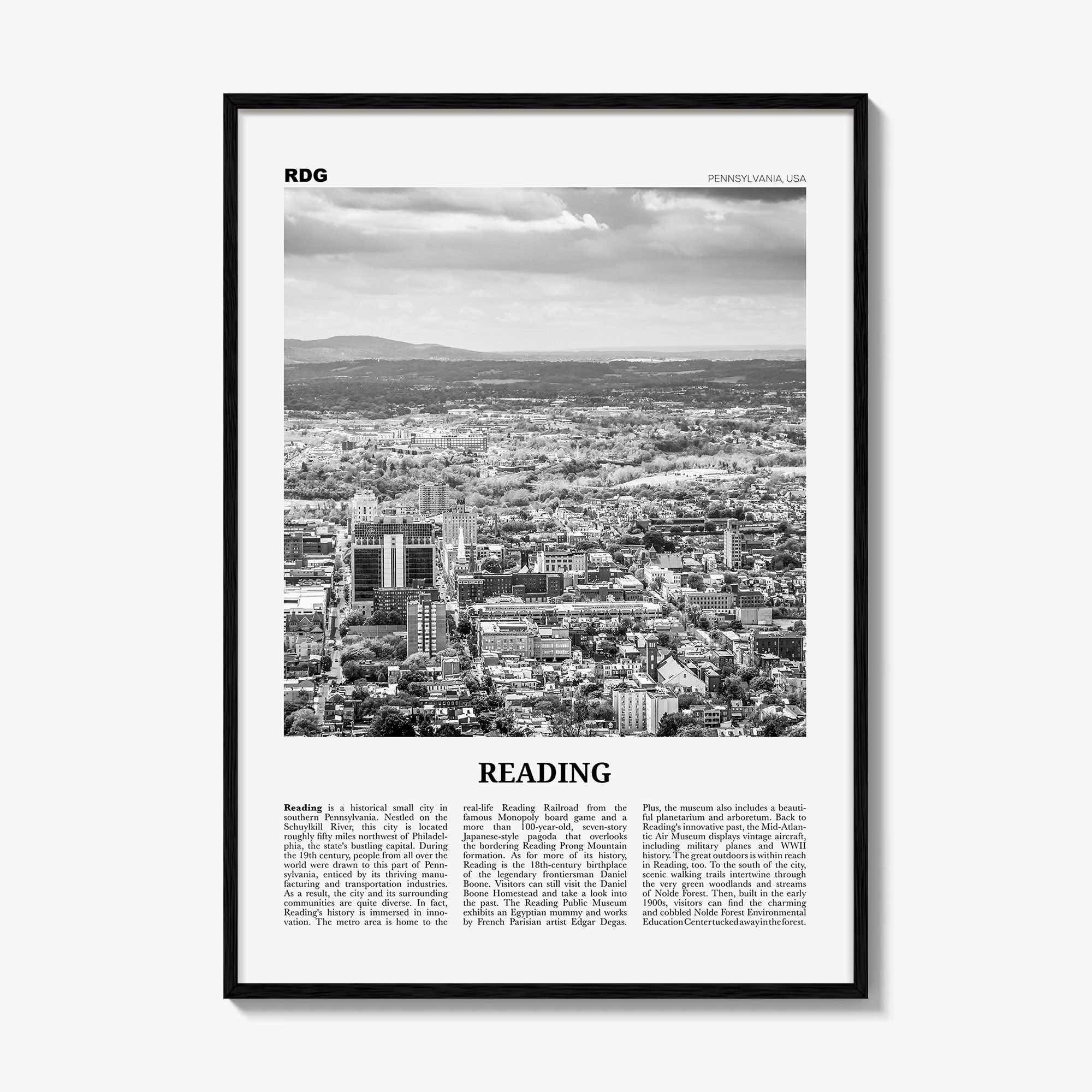 Reading Print Black and White Pennsylvania, Reading Wall Art, Reading Poster, Reading Photo, Reading Map, Reading Wall Decor, USA