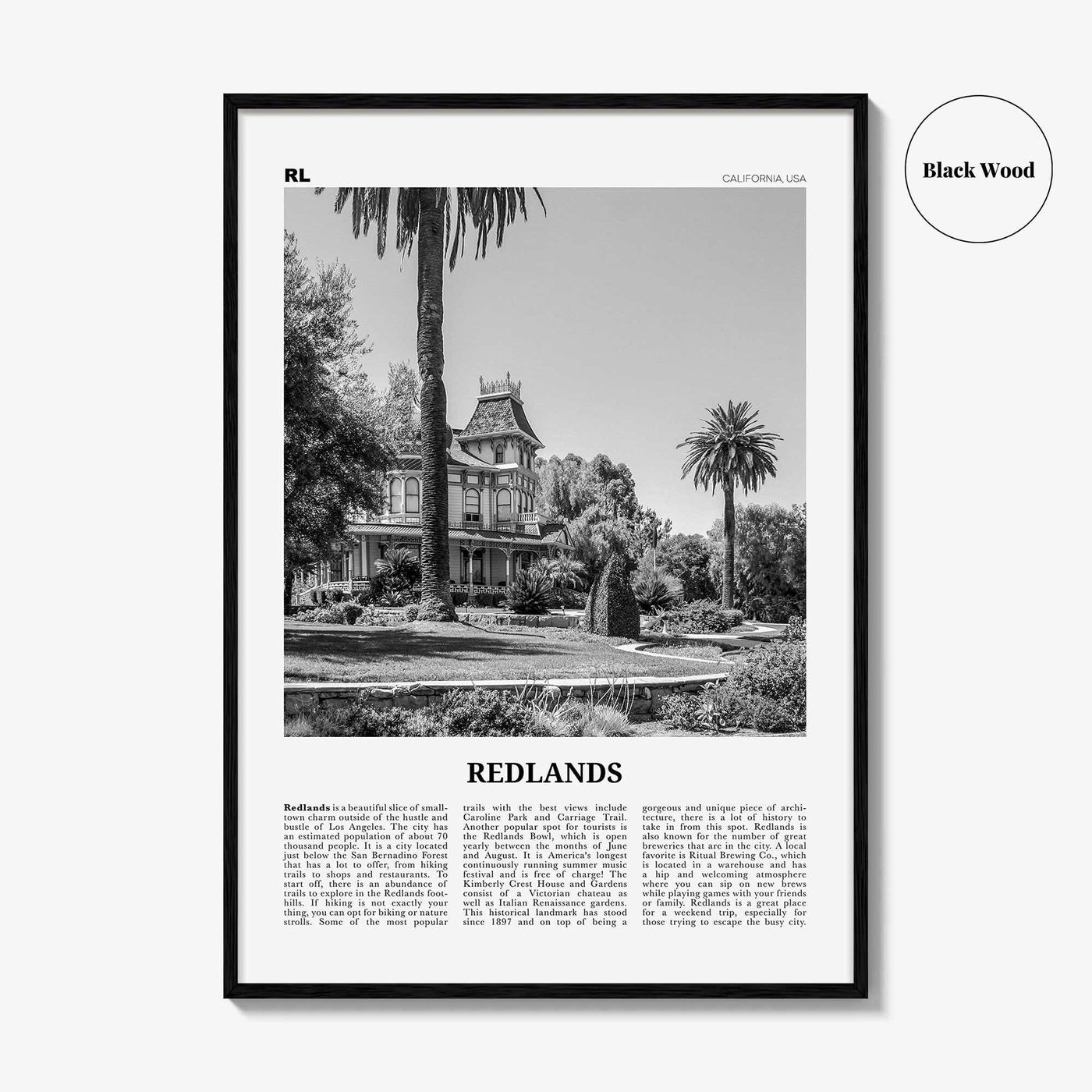 Redlands Print Black and White, Redlands Wall Art, Redlands Poster, Redlands Photo, Redlands Wall Décor, California, USA, United States