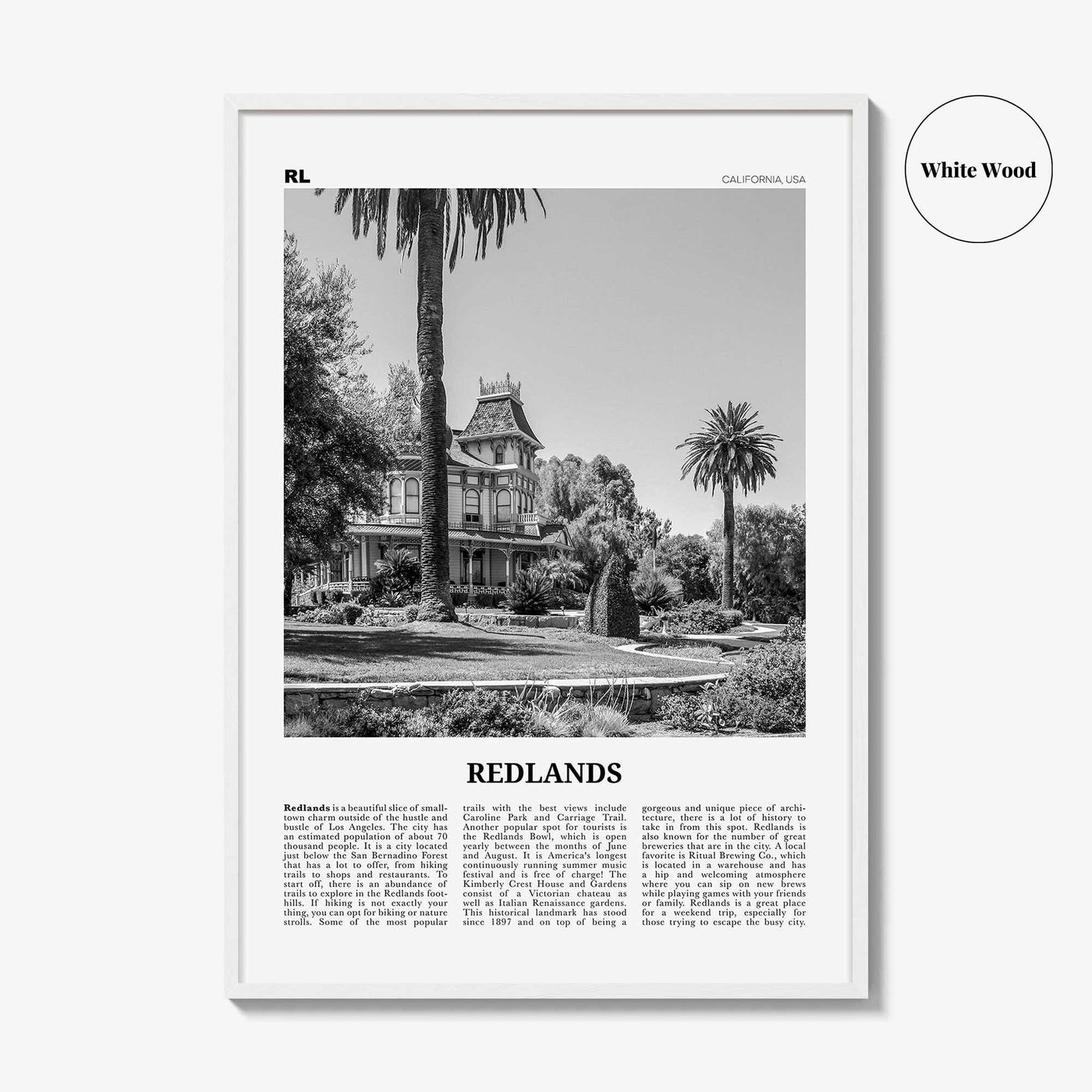 Redlands Print Black and White, Redlands Wall Art, Redlands Poster, Redlands Photo, Redlands Wall Décor, California, USA, United States