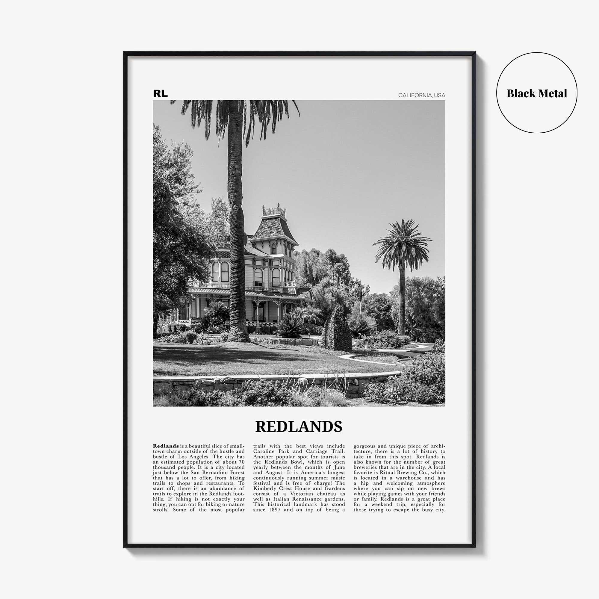 Redlands Print Black and White, Redlands Wall Art, Redlands Poster, Redlands Photo, Redlands Wall Décor, California, USA, United States