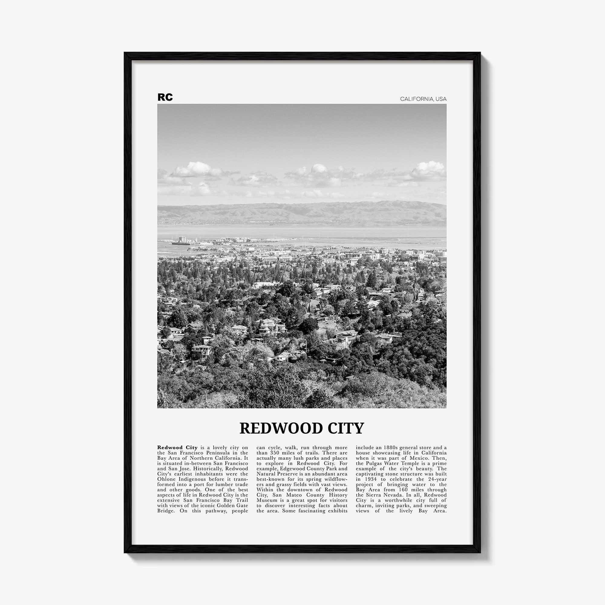Redwood City Print Black and White, Redwood City Wall Art, Redwood City Poster, Redwood City Photo, Redwood City Wall Décor, California, USA