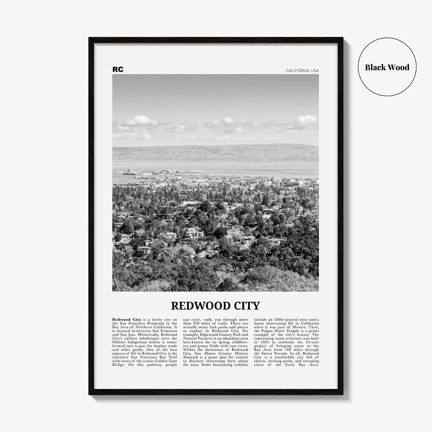 Redwood City Print Black and White, Redwood City Wall Art, Redwood City Poster, Redwood City Photo, Redwood City Wall Décor, California, USA