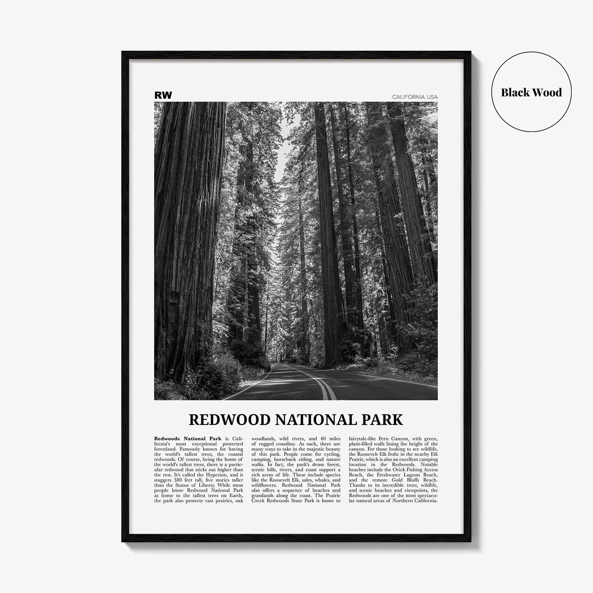 Redwood National Park Print Black and White, Redwood National Park Wall Art, Redwood National Park Poster, Park Photo, Wall Décor, Map