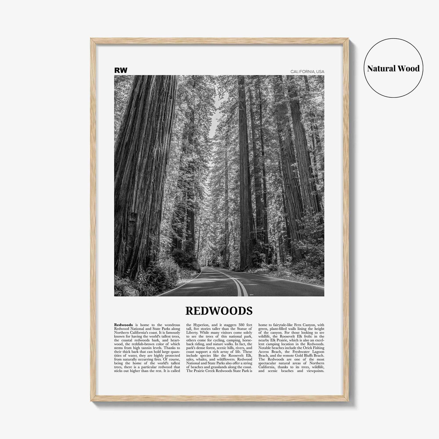 Redwoods Print Black and White, Redwoods Wall Art, Redwoods Poster, Redwoods Photo, Redwoods Map, Redwoods Decor, California