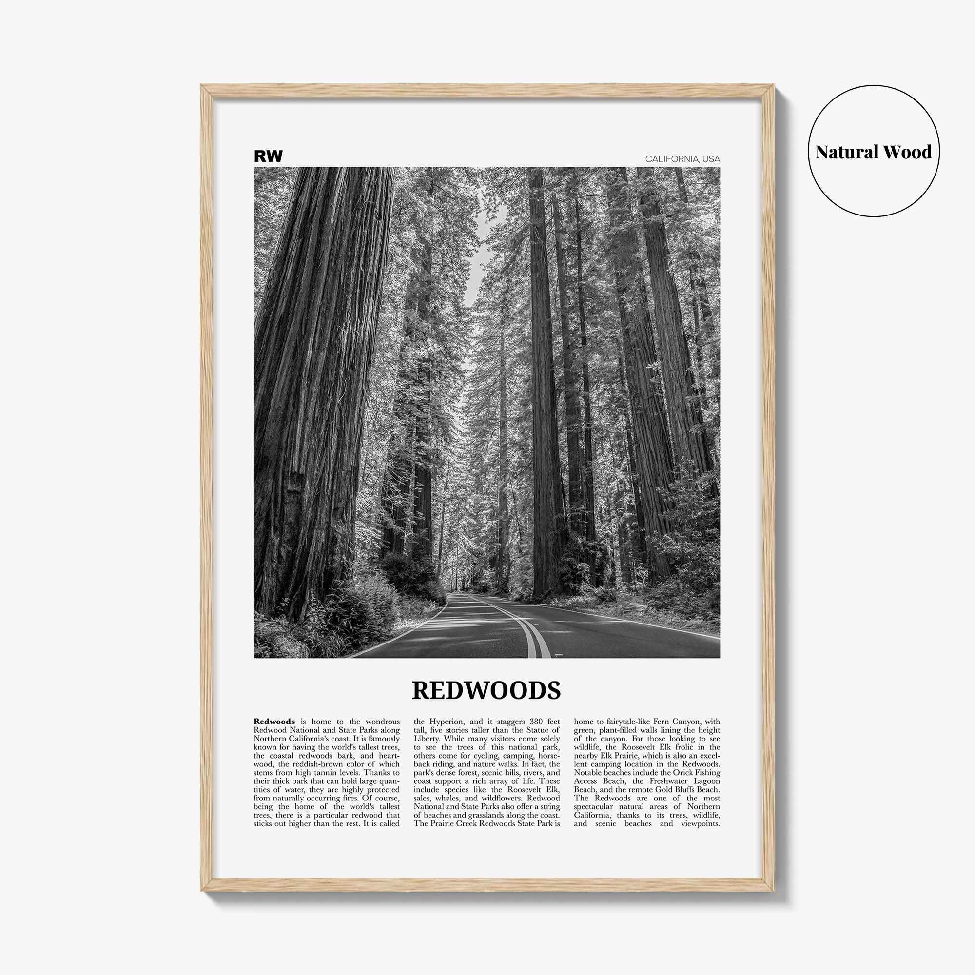 Redwoods Print Black and White, Redwoods Wall Art, Redwoods Poster, Redwoods Photo, Redwoods Map, Redwoods Decor, California