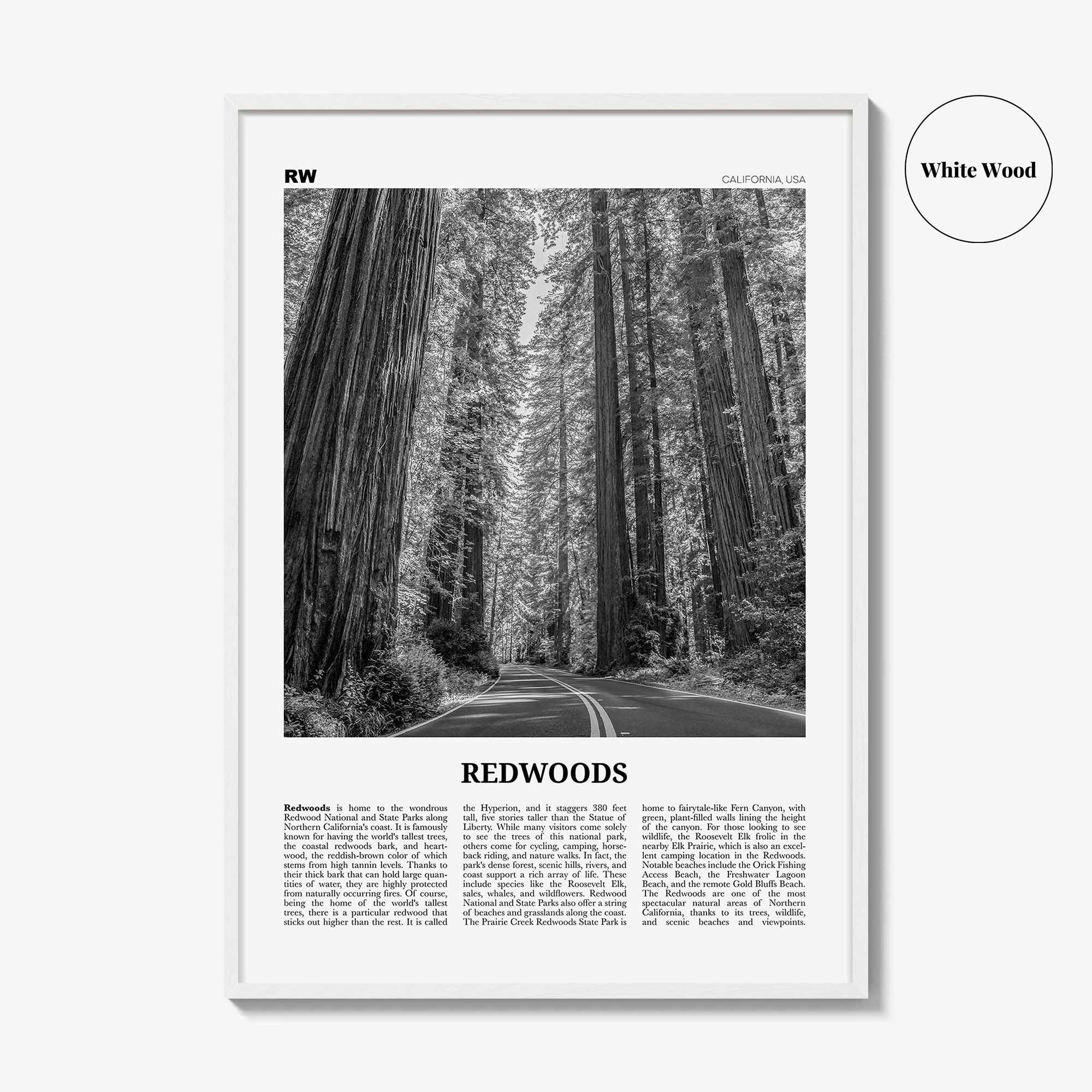 Redwoods Print Black and White, Redwoods Wall Art, Redwoods Poster, Redwoods Photo, Redwoods Map, Redwoods Decor, California