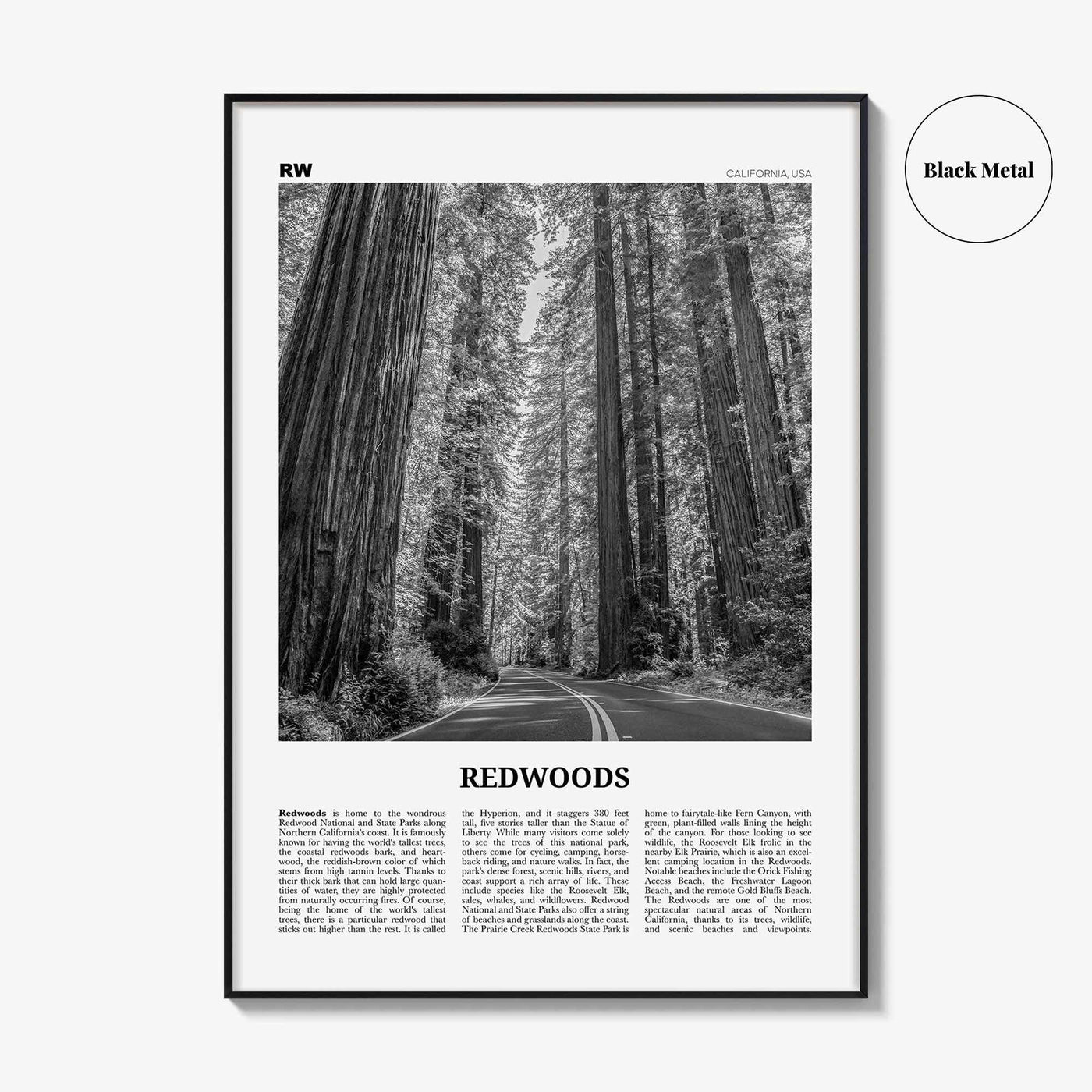 Redwoods Print Black and White, Redwoods Wall Art, Redwoods Poster, Redwoods Photo, Redwoods Map, Redwoods Decor, California