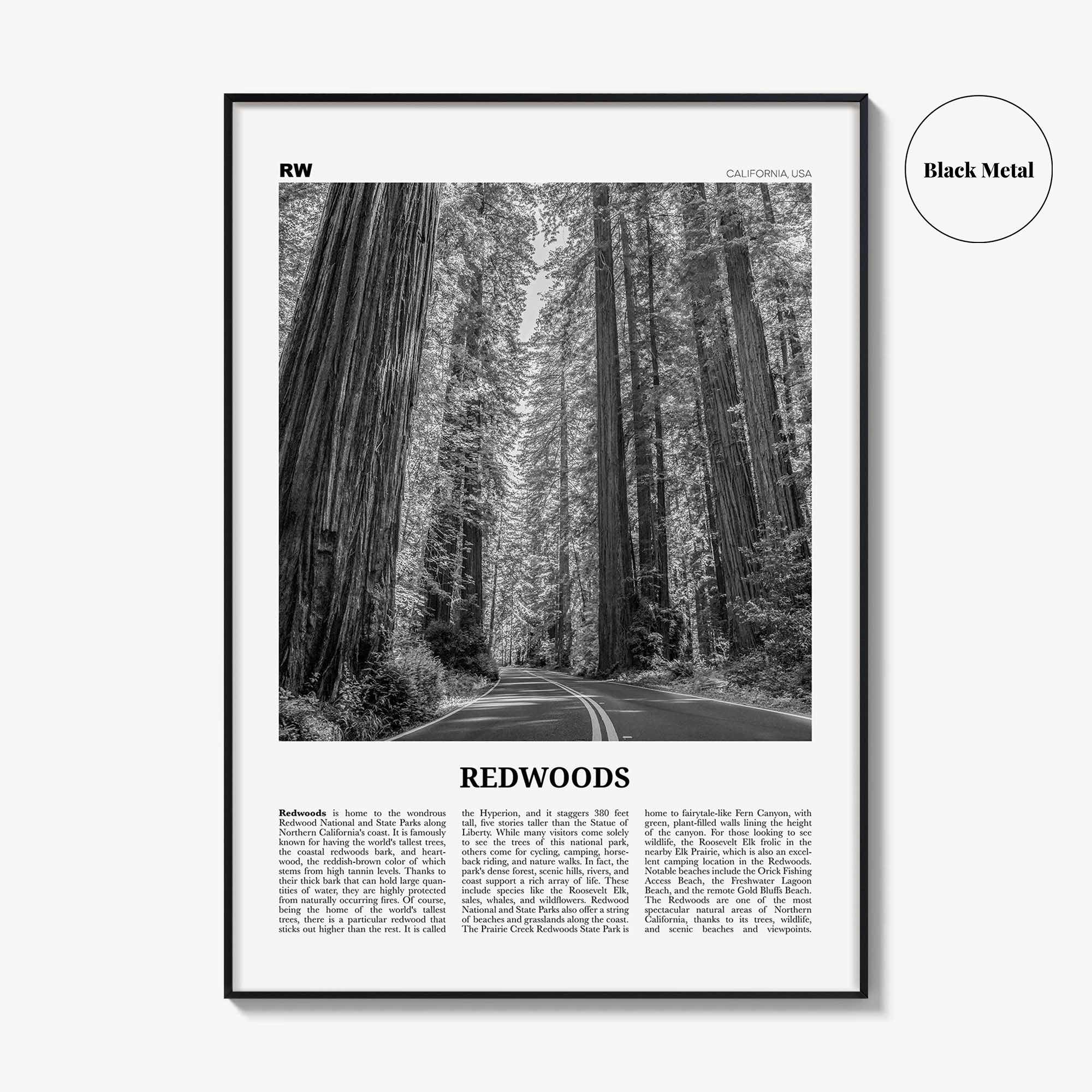 Redwoods Print Black and White, Redwoods Wall Art, Redwoods Poster, Redwoods Photo, Redwoods Map, Redwoods Decor, California