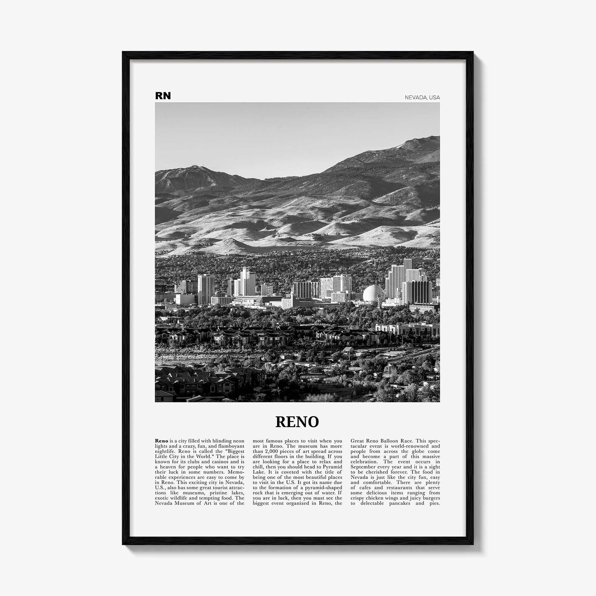 Reno Print Black and White, Reno Wall Art, Reno Poster, Reno Photo, Reno Wall Décor, Nevada, USA, United States, North America