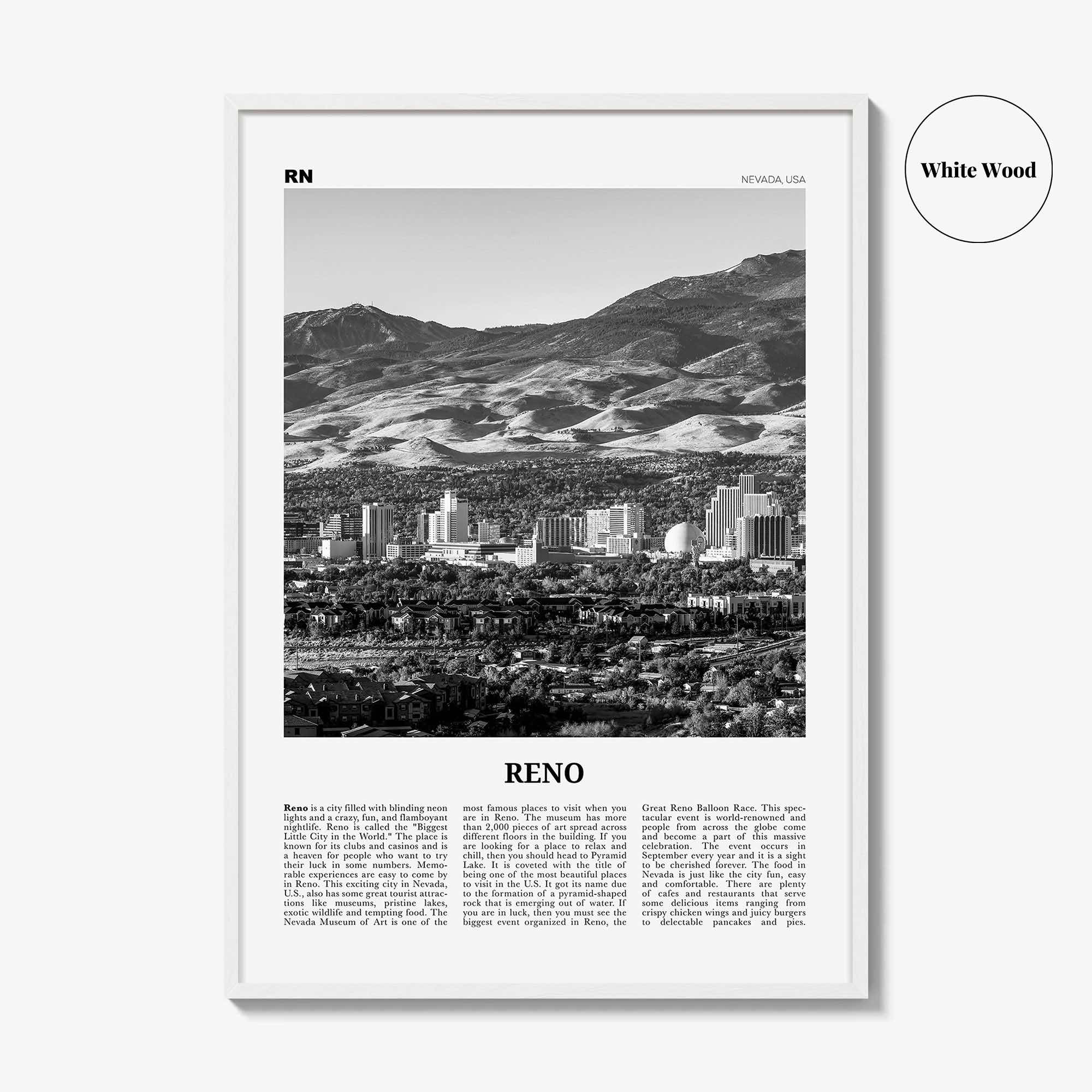 Reno Print Black and White, Reno Wall Art, Reno Poster, Reno Photo, Reno Wall Décor, Nevada, USA, United States, North America