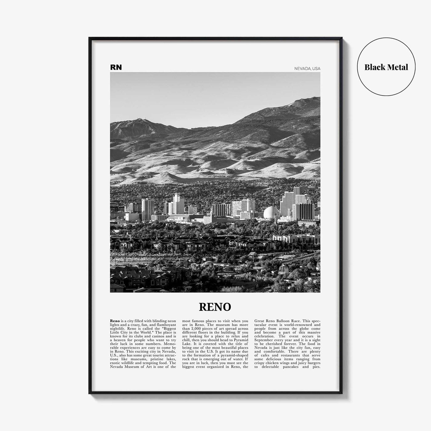 Reno Print Black and White, Reno Wall Art, Reno Poster, Reno Photo, Reno Wall Décor, Nevada, USA, United States, North America