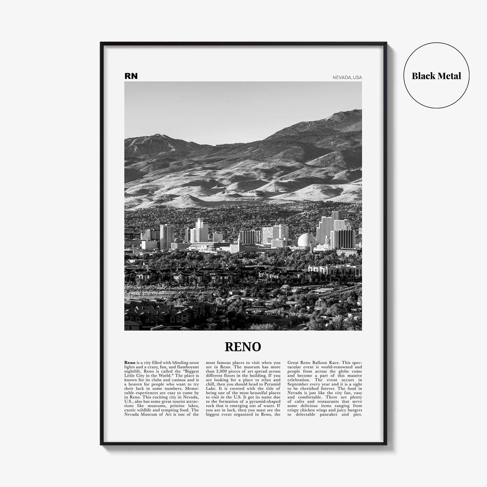 Reno Print Black and White, Reno Wall Art, Reno Poster, Reno Photo, Reno Wall Décor, Nevada, USA, United States, North America