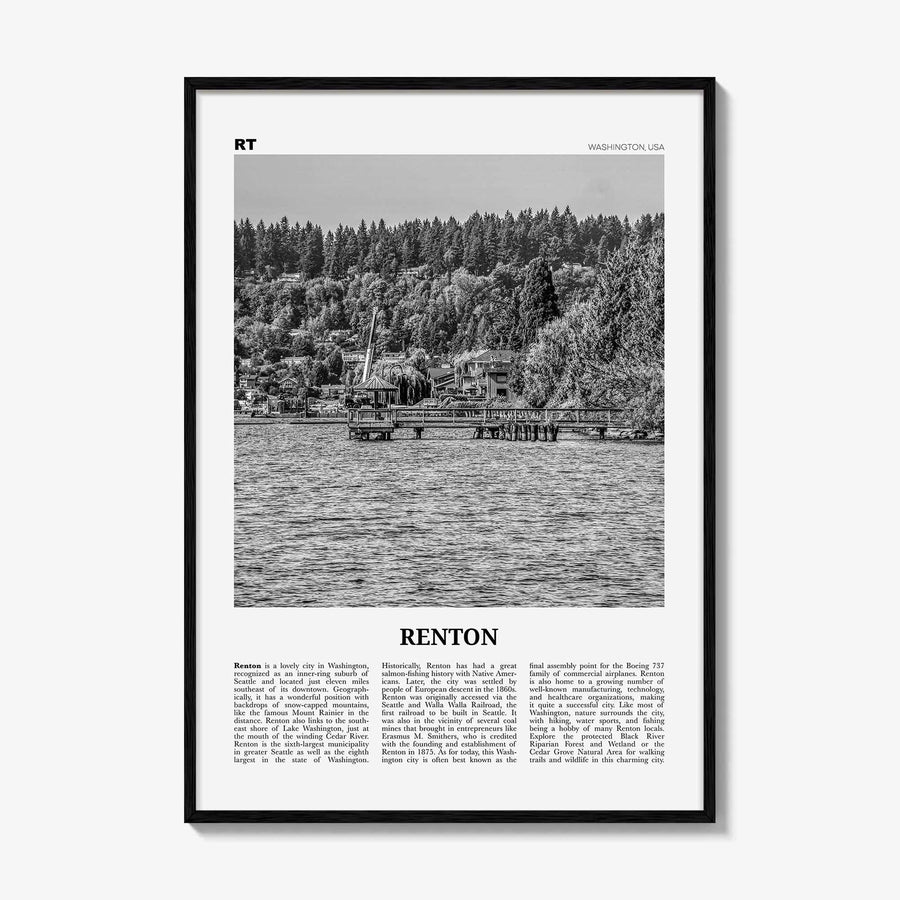 Renton Print Black and White, Renton Wall Art, Renton Poster, Renton Photo, Renton Map, Renton Wall Decor, Washington, USA, United States