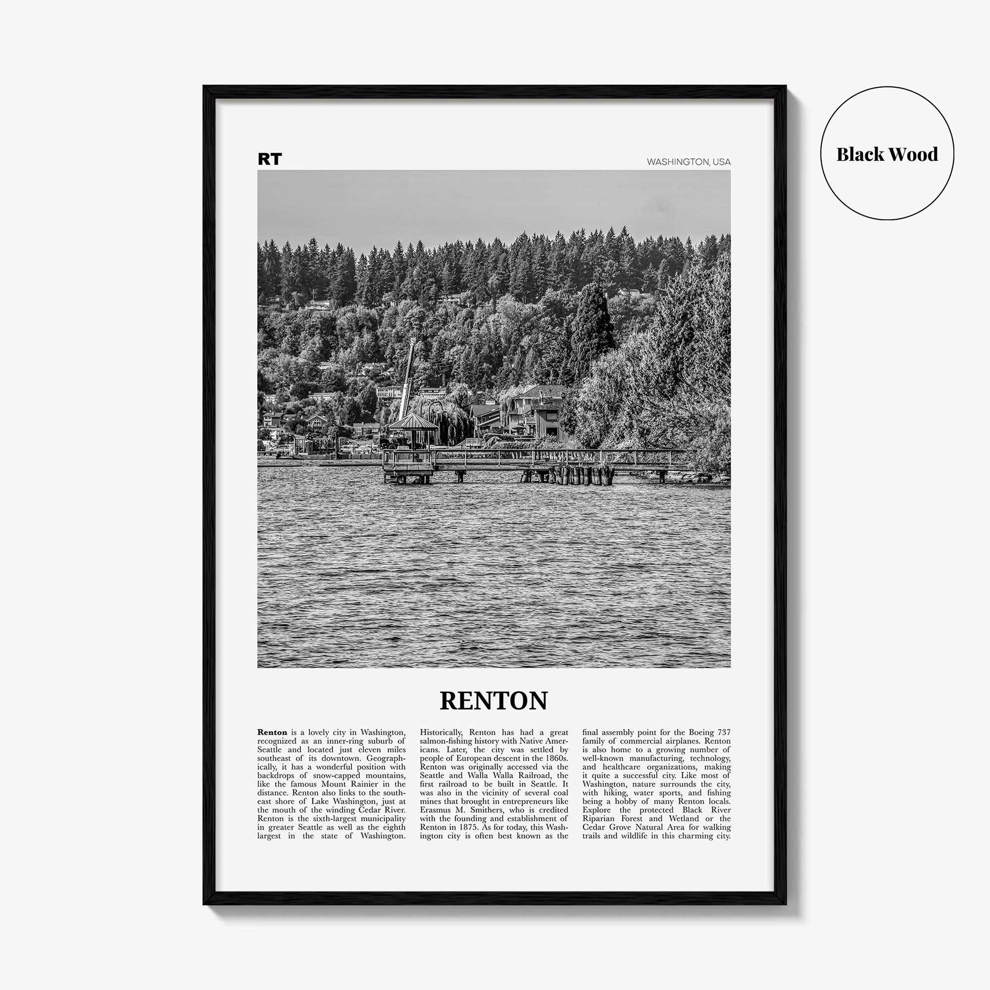 Renton Print Black and White, Renton Wall Art, Renton Poster, Renton Photo, Renton Map, Renton Wall Decor, Washington, USA, United States