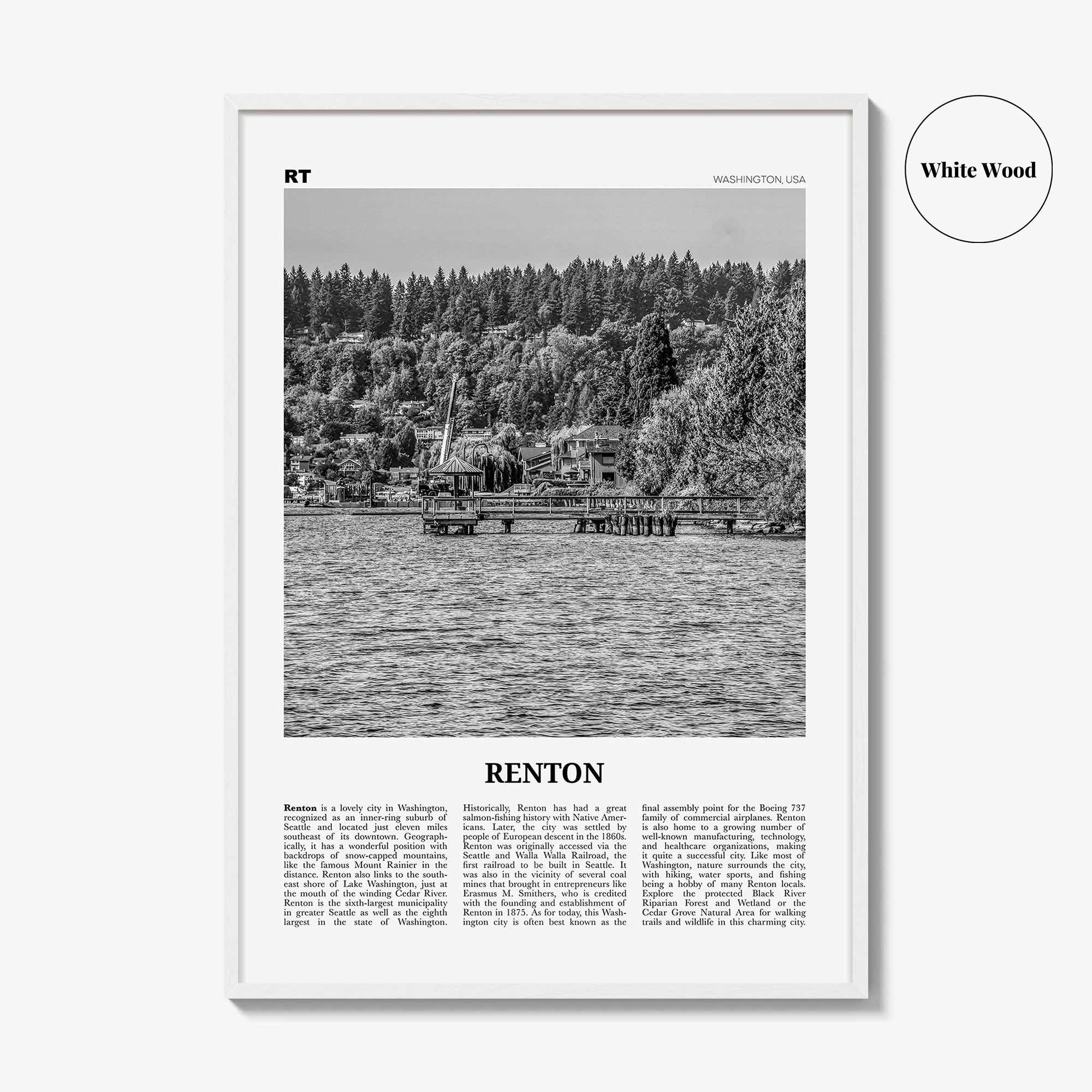 Renton Print Black and White, Renton Wall Art, Renton Poster, Renton Photo, Renton Map, Renton Wall Decor, Washington, USA, United States