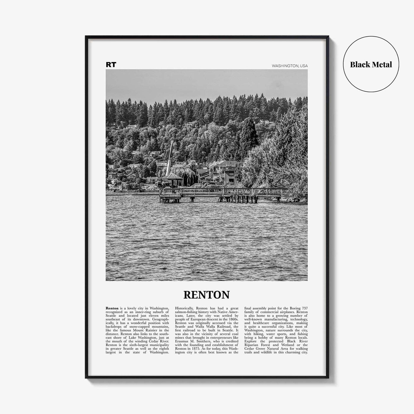 Renton Print Black and White, Renton Wall Art, Renton Poster, Renton Photo, Renton Map, Renton Wall Decor, Washington, USA, United States