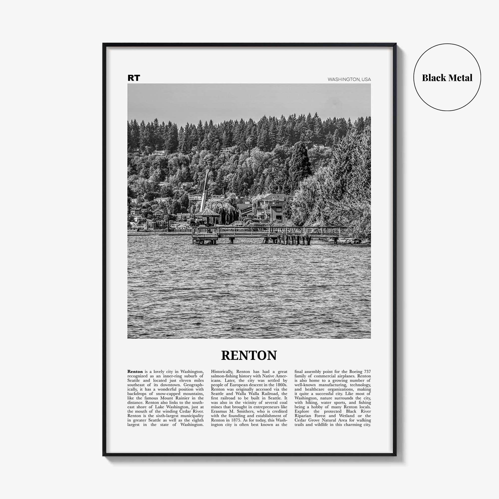Renton Print Black and White, Renton Wall Art, Renton Poster, Renton Photo, Renton Map, Renton Wall Decor, Washington, USA, United States