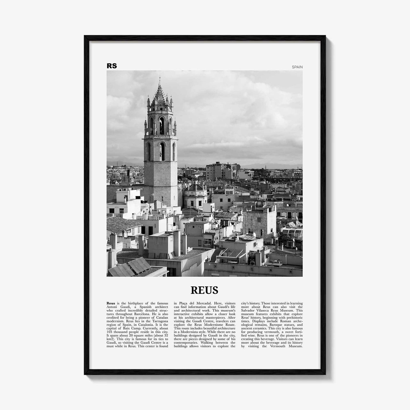 Reus Print Black and White, Reus Wall Art, Reus Poster, Reus Photo, Reus Wall Décor, Reus Map, Spain
