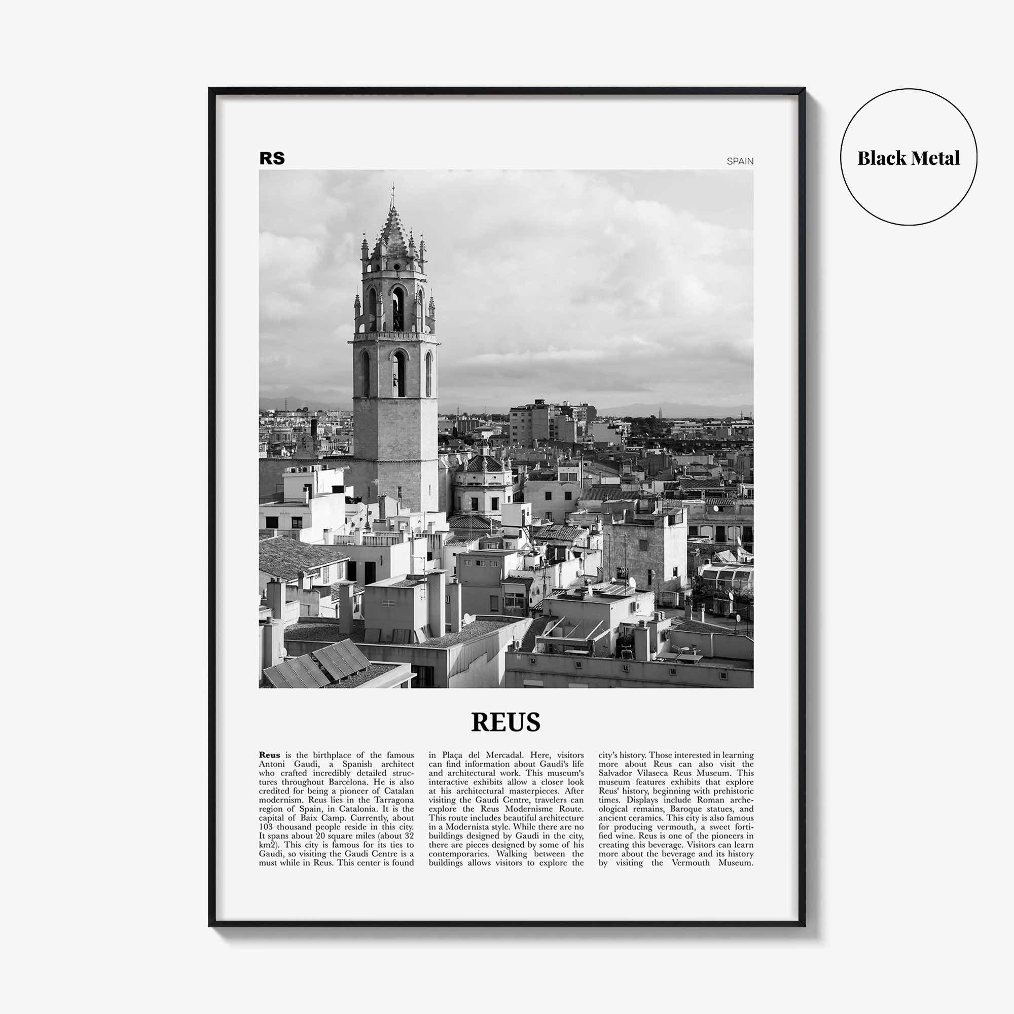 Reus Print Black and White, Reus Wall Art, Reus Poster, Reus Photo, Reus Wall Décor, Reus Map, Spain