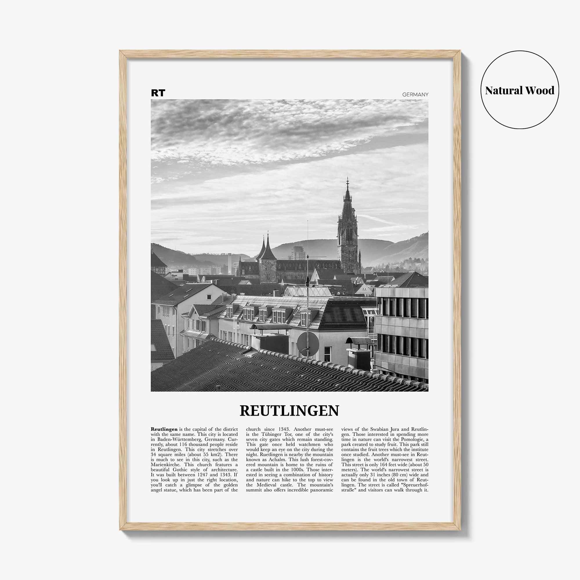 Reutlingen Print Black and White, Reutlingen Wall Art, Reutlingen Poster, Reutlingen Photo, Reutlingen Wall Décor, Reutlingen Map, Germany