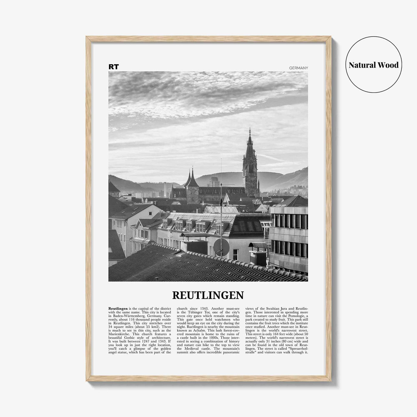 Reutlingen Print Black and White, Reutlingen Wall Art, Reutlingen Poster, Reutlingen Photo, Reutlingen Wall Décor, Reutlingen Map, Germany