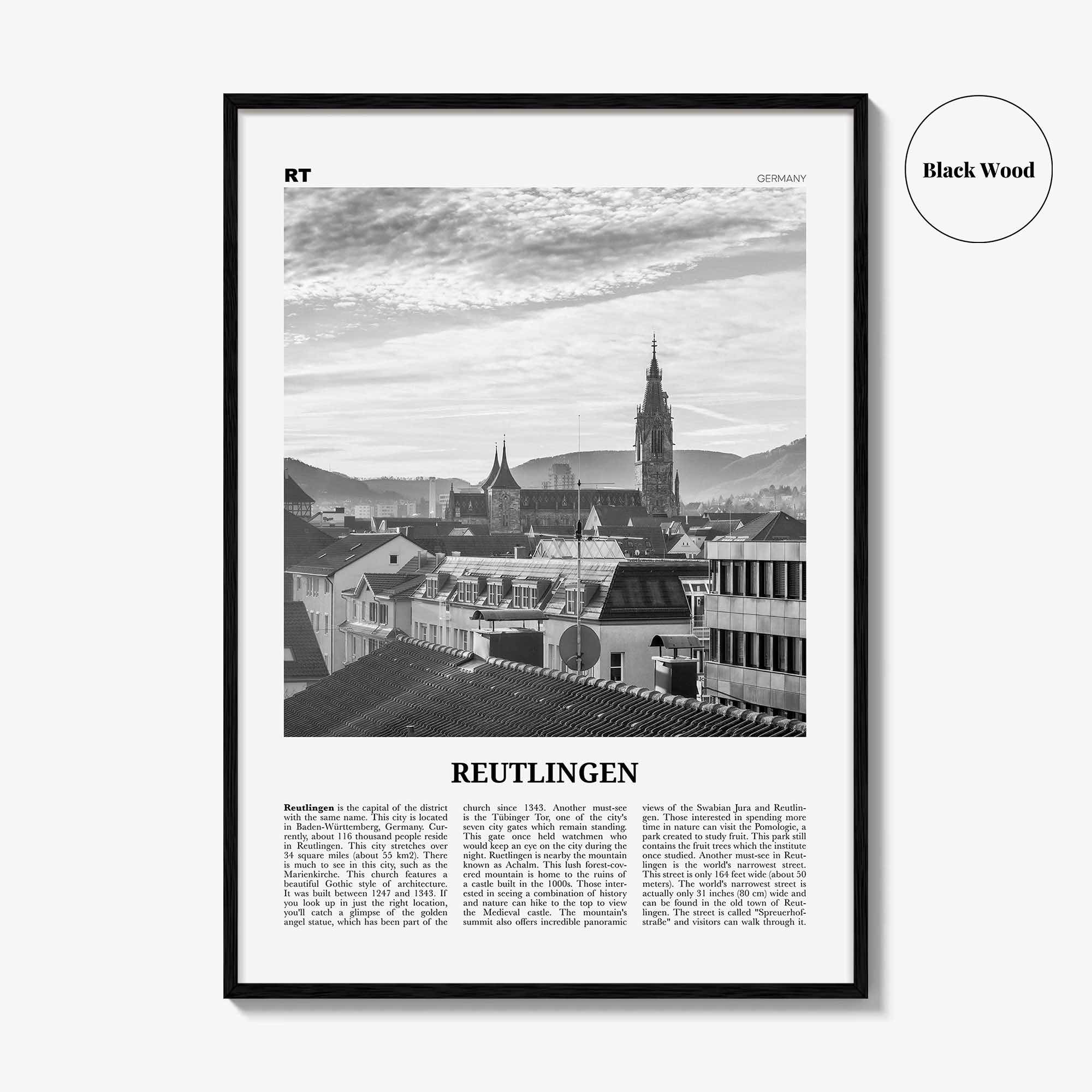 Reutlingen Print Black and White, Reutlingen Wall Art, Reutlingen Poster, Reutlingen Photo, Reutlingen Wall Décor, Reutlingen Map, Germany