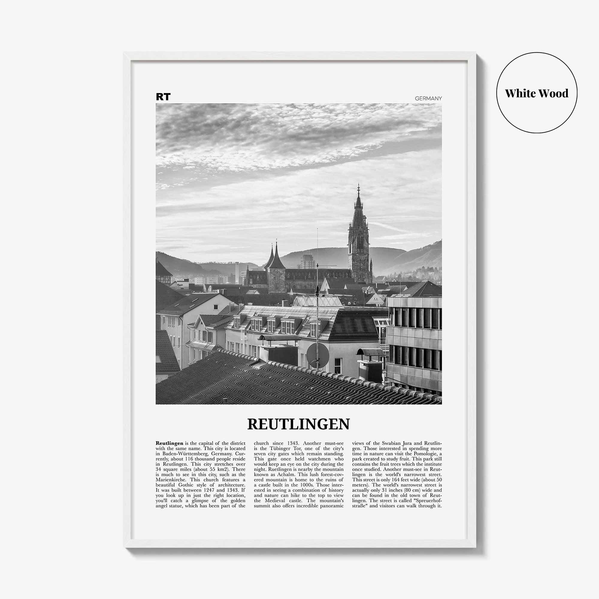 Reutlingen Print Black and White, Reutlingen Wall Art, Reutlingen Poster, Reutlingen Photo, Reutlingen Wall Décor, Reutlingen Map, Germany