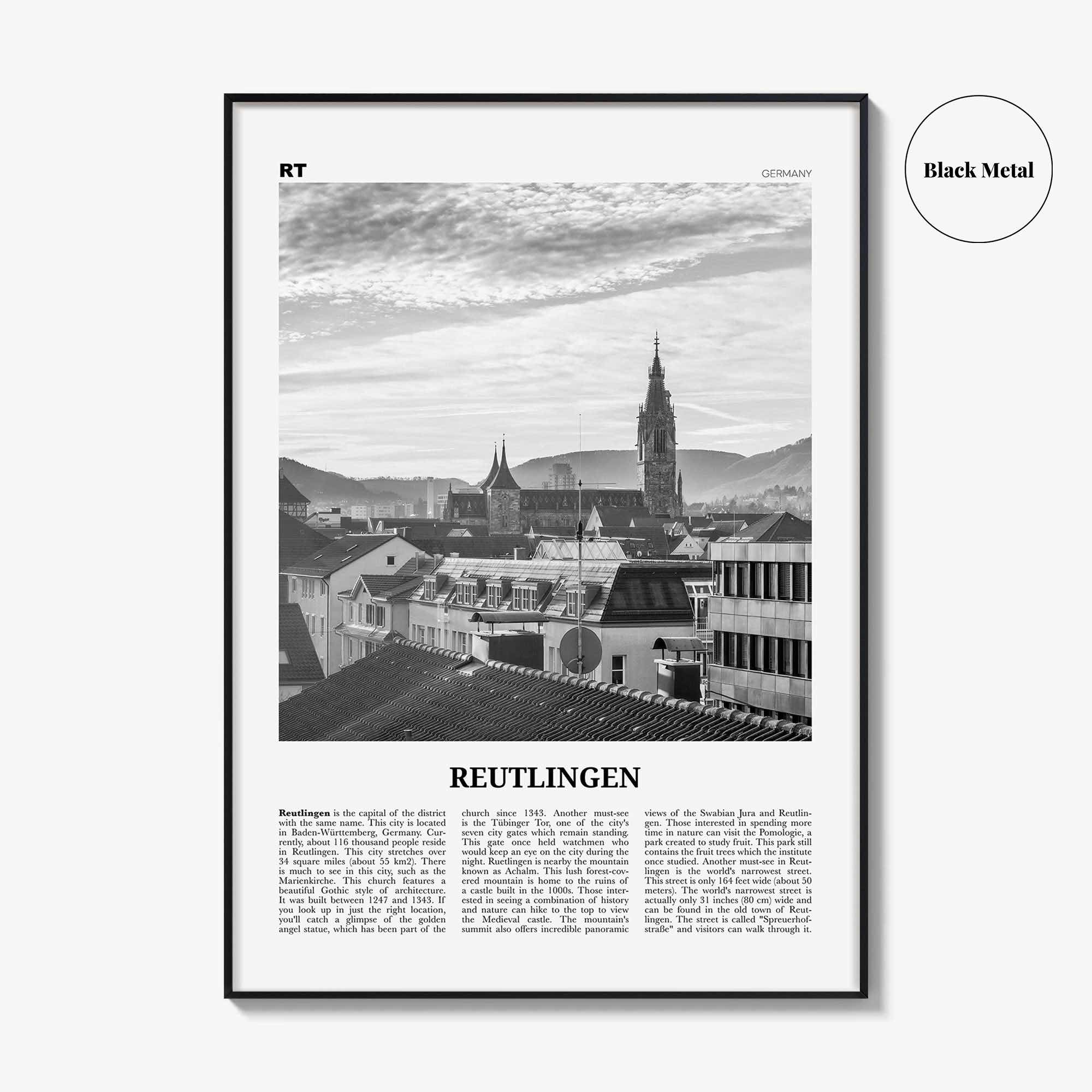 Reutlingen Print Black and White, Reutlingen Wall Art, Reutlingen Poster, Reutlingen Photo, Reutlingen Wall Décor, Reutlingen Map, Germany