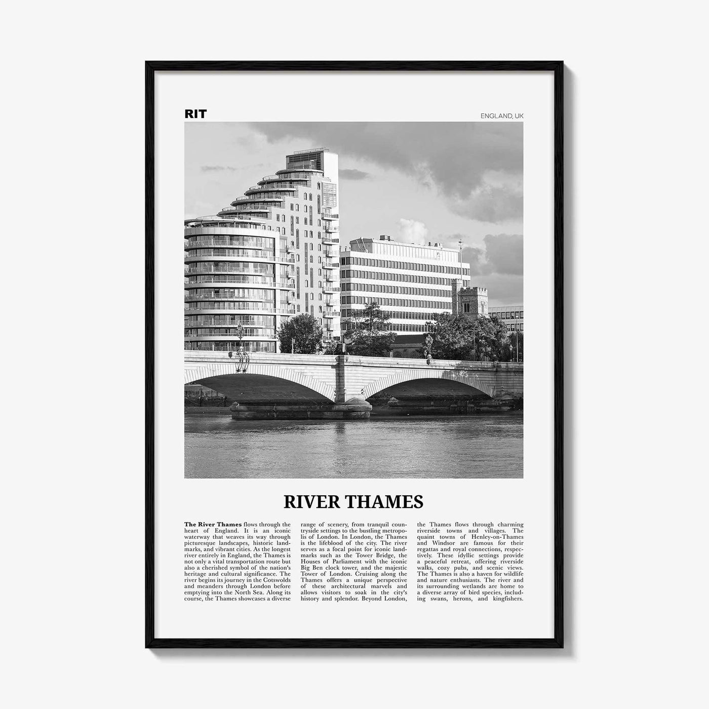 River Thames Print Black and White, River Thames Wall Art, River Thames Poster, River Thames Photo, Thames Wall Décor, River Thames Map