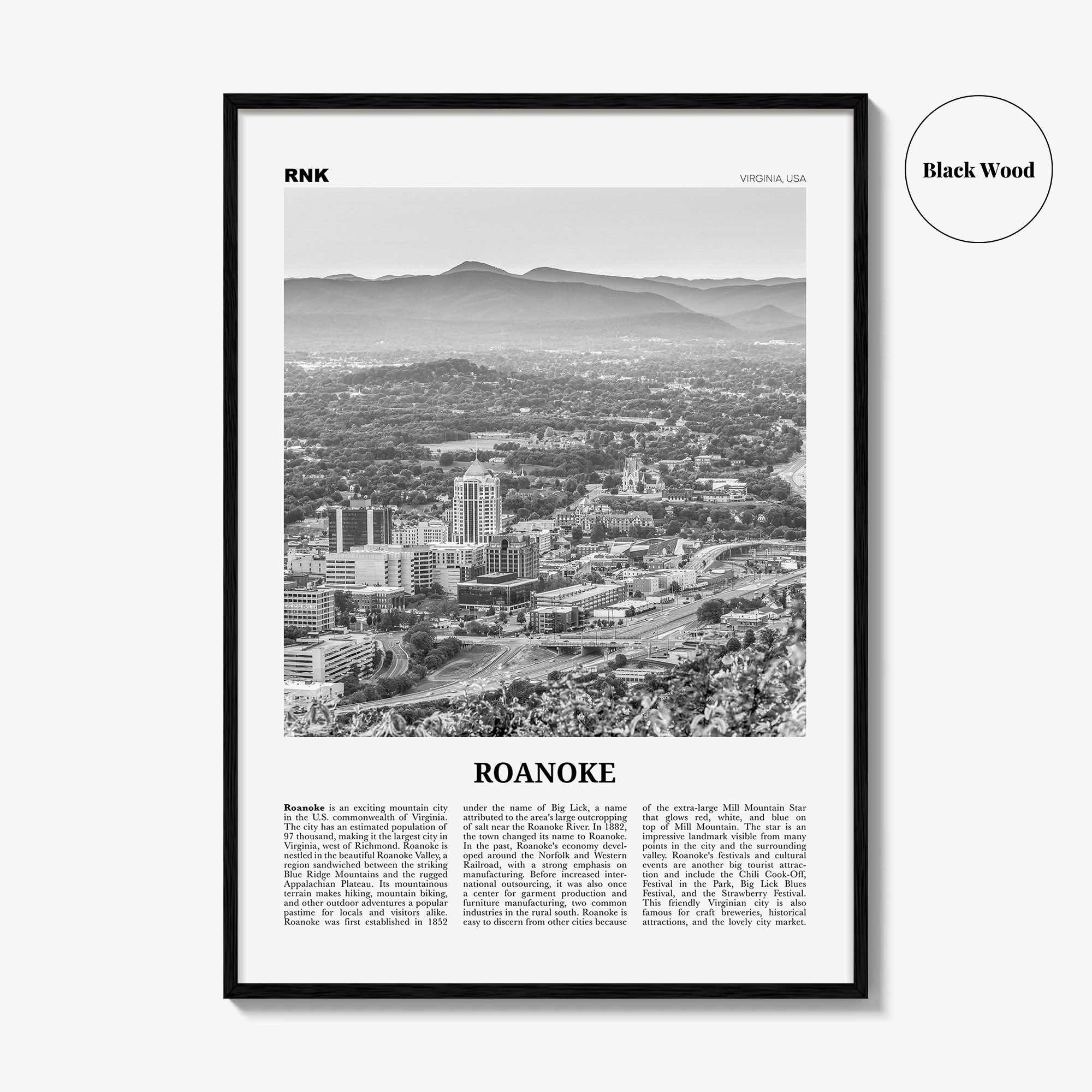 Roanoke Print Black and White No 1, Roanoke Wall Art, Roanoke Poster, Roanoke Photo, Roanoke Wall Décor, Virginia, USA, United States