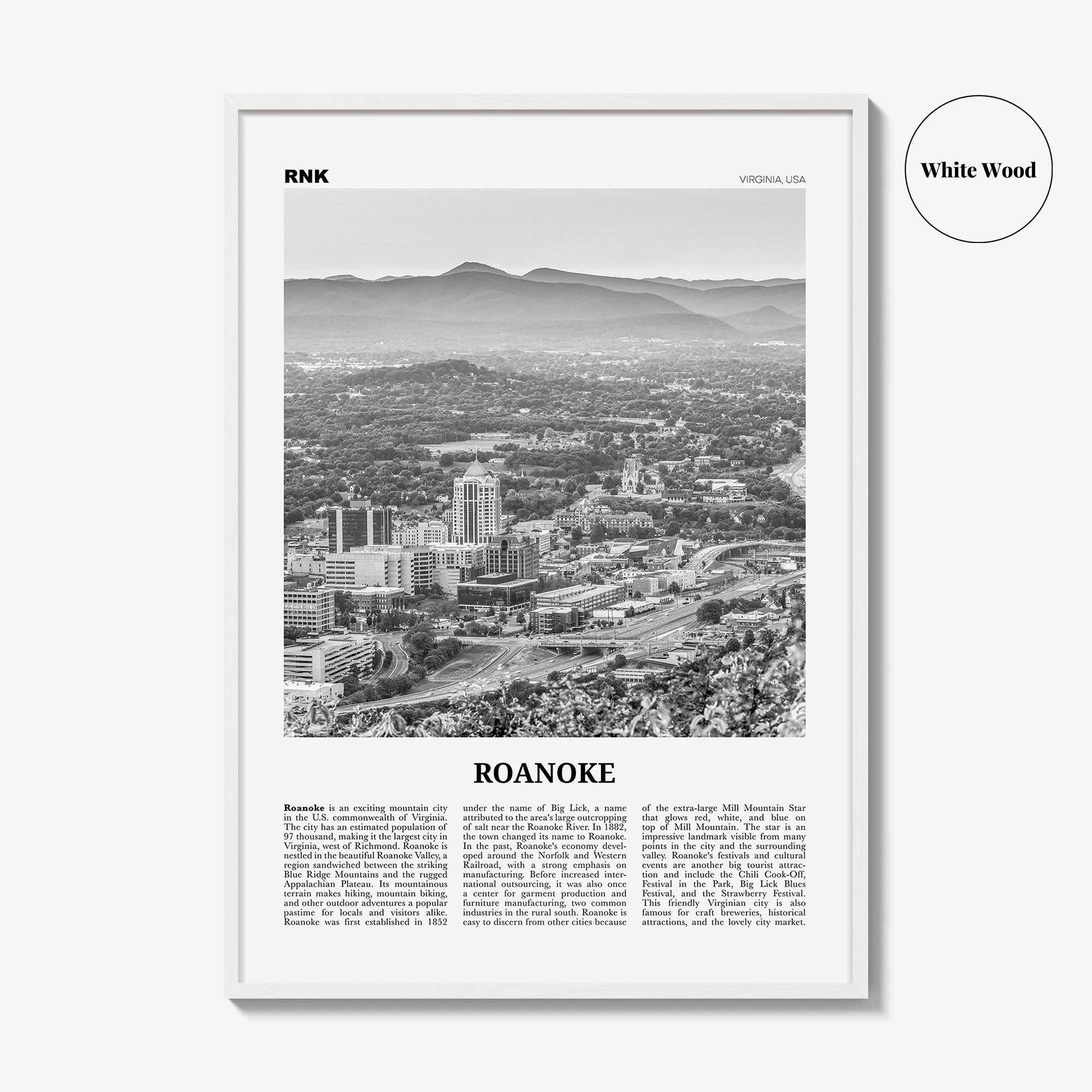 Roanoke Print Black and White No 1, Roanoke Wall Art, Roanoke Poster, Roanoke Photo, Roanoke Wall Décor, Virginia, USA, United States