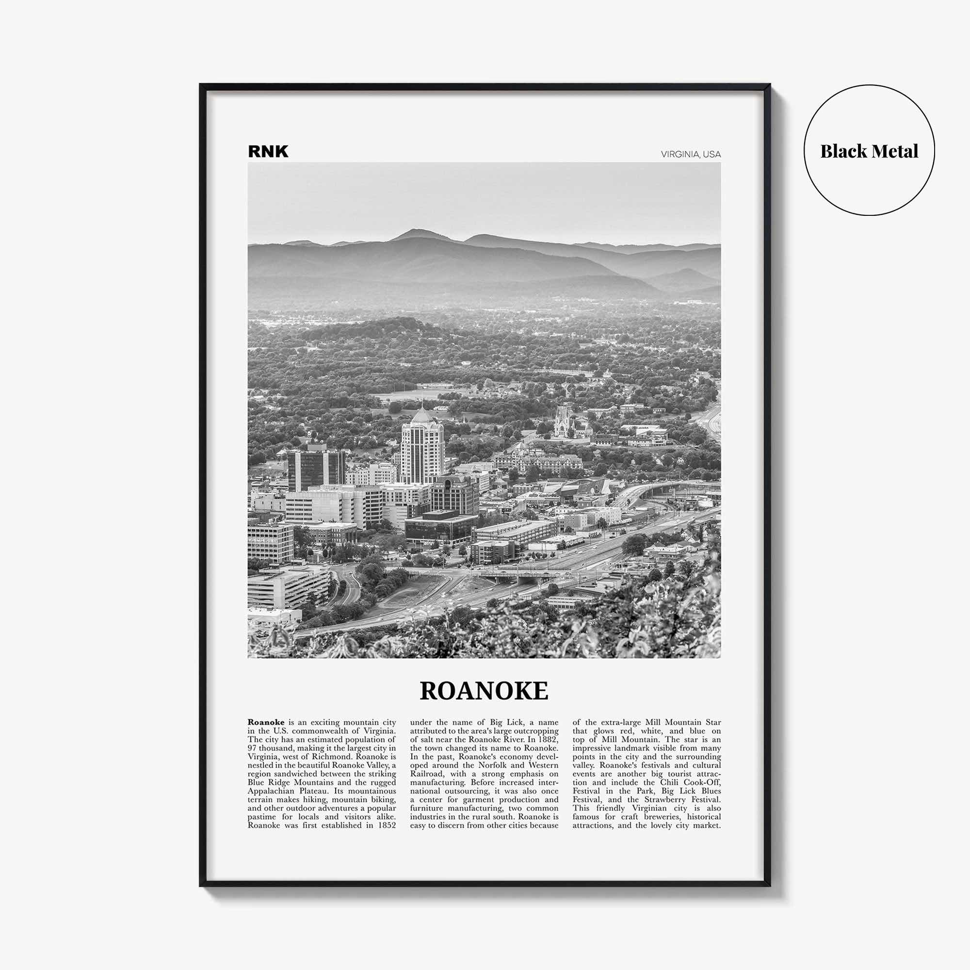 Roanoke Print Black and White No 1, Roanoke Wall Art, Roanoke Poster, Roanoke Photo, Roanoke Wall Décor, Virginia, USA, United States
