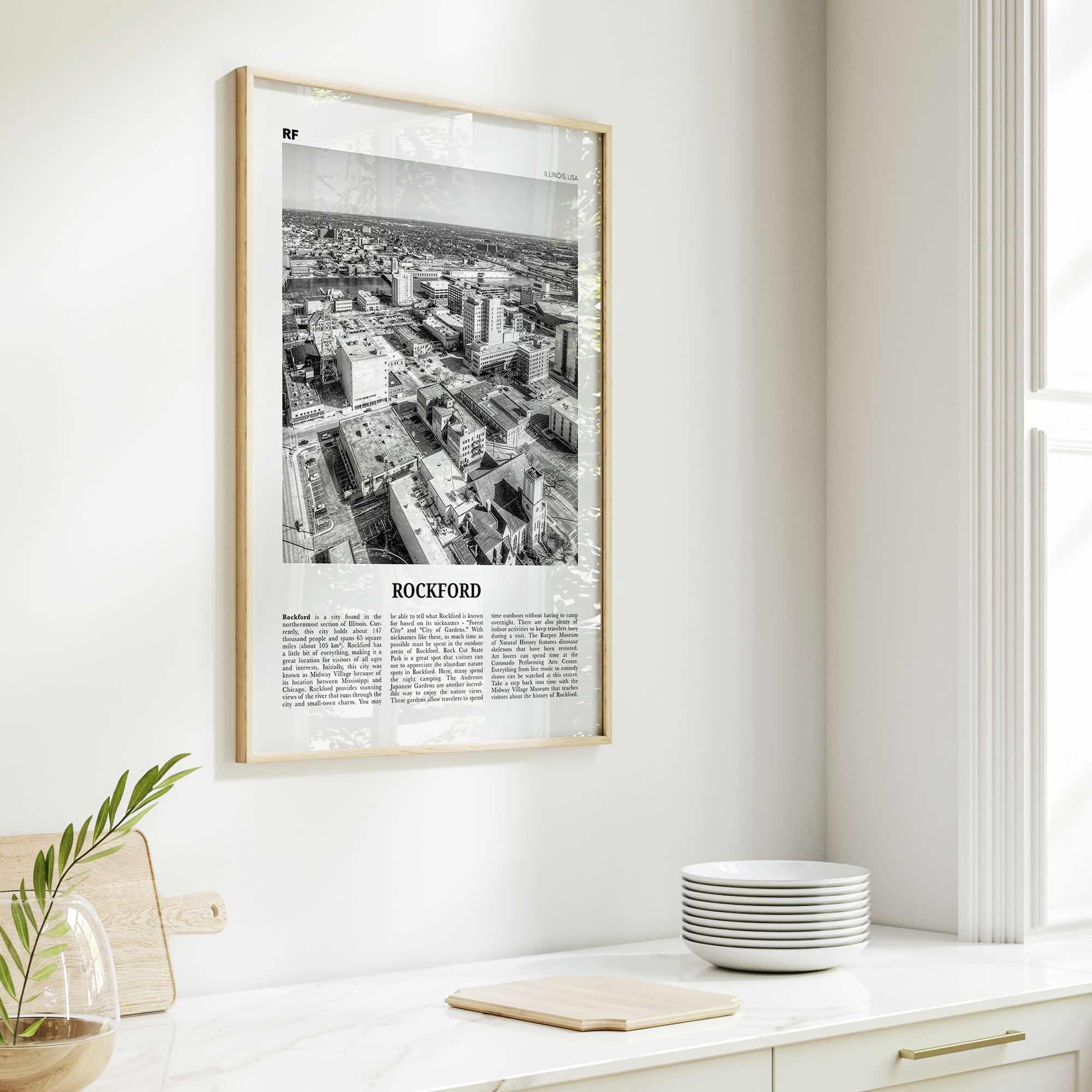 Rockford Print Black and White, Rockford Wall Art, Rockford Poster, Rockford Photo, Rockford Wall Décor, Rockford Map, Illinois, USA