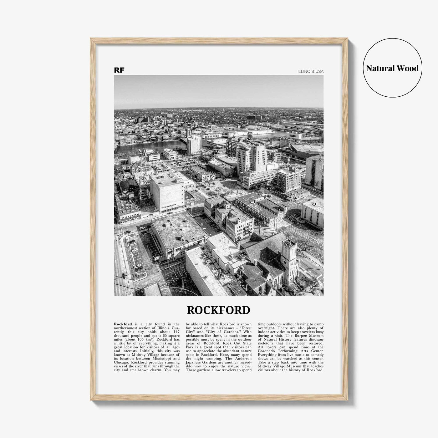 Rockford Print Black and White, Rockford Wall Art, Rockford Poster, Rockford Photo, Rockford Wall Décor, Rockford Map, Illinois, USA