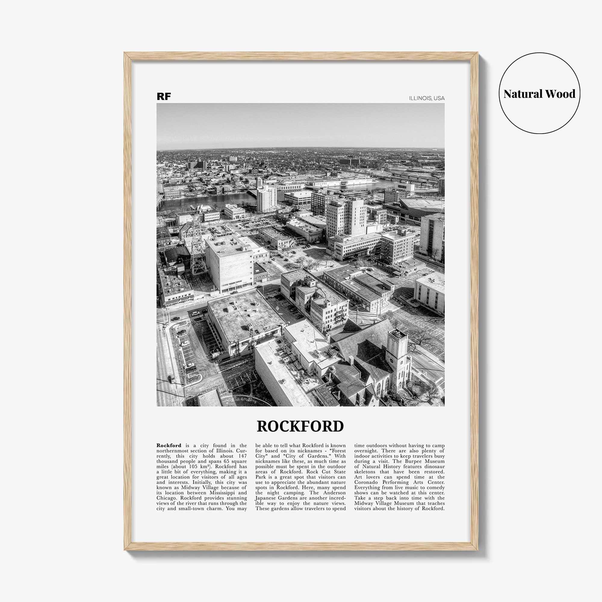 Rockford Print Black and White, Rockford Wall Art, Rockford Poster, Rockford Photo, Rockford Wall Décor, Rockford Map, Illinois, USA