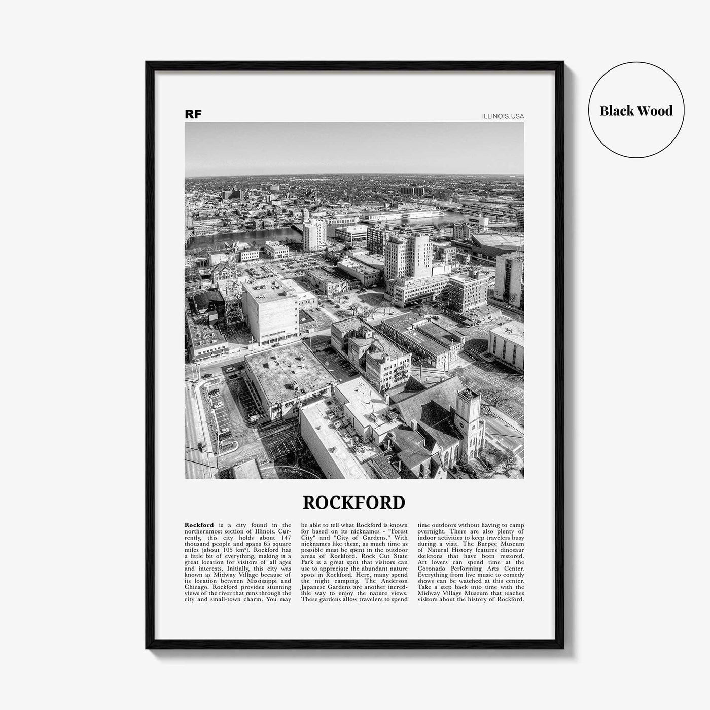 Rockford Print Black and White, Rockford Wall Art, Rockford Poster, Rockford Photo, Rockford Wall Décor, Rockford Map, Illinois, USA