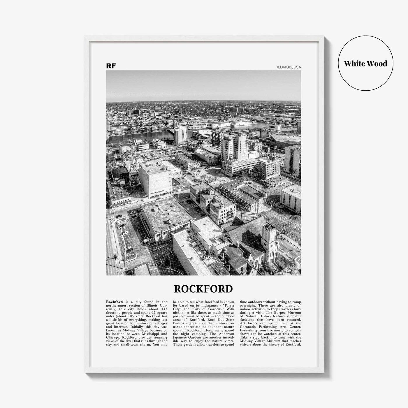 Rockford Print Black and White, Rockford Wall Art, Rockford Poster, Rockford Photo, Rockford Wall Décor, Rockford Map, Illinois, USA