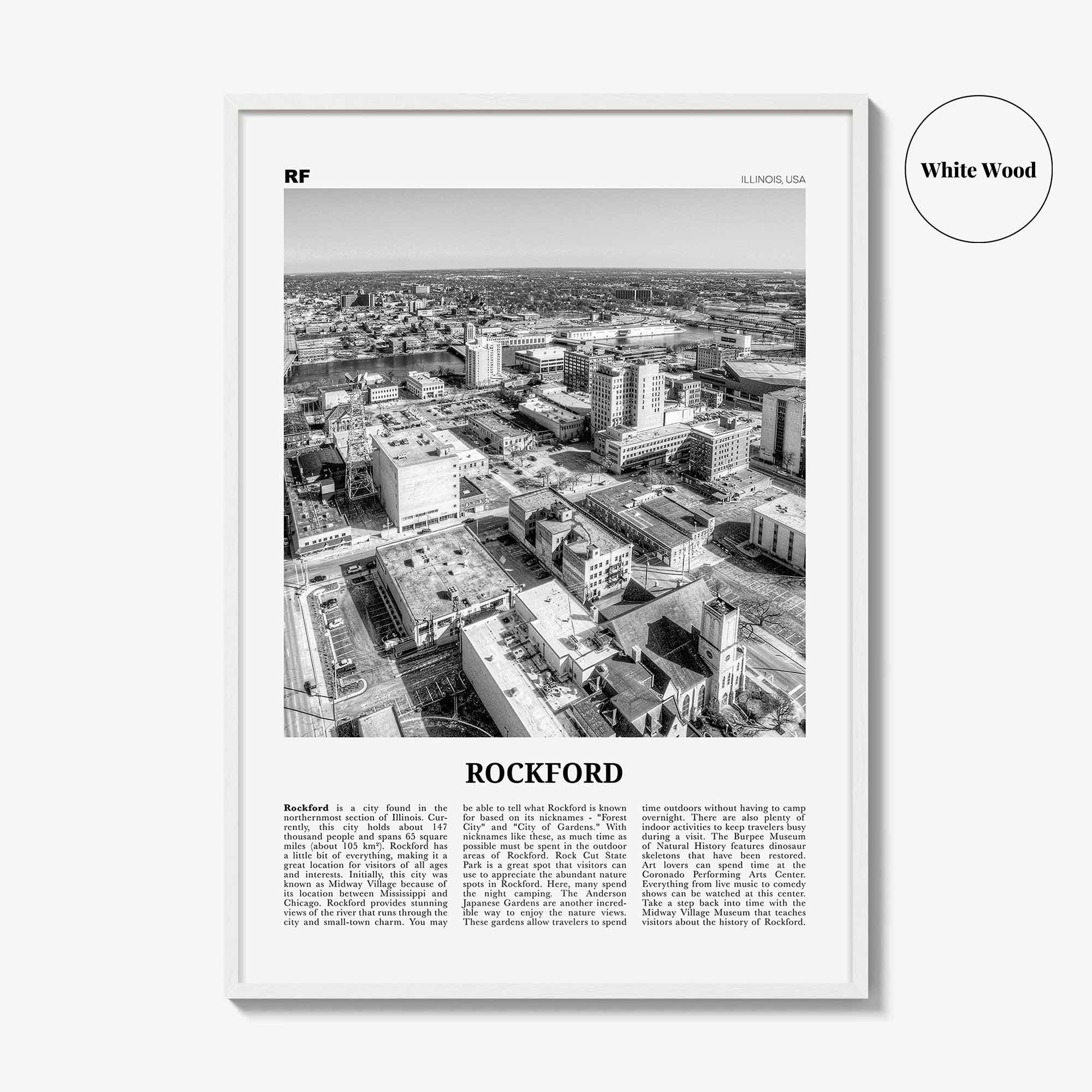 Rockford Print Black and White, Rockford Wall Art, Rockford Poster, Rockford Photo, Rockford Wall Décor, Rockford Map, Illinois, USA