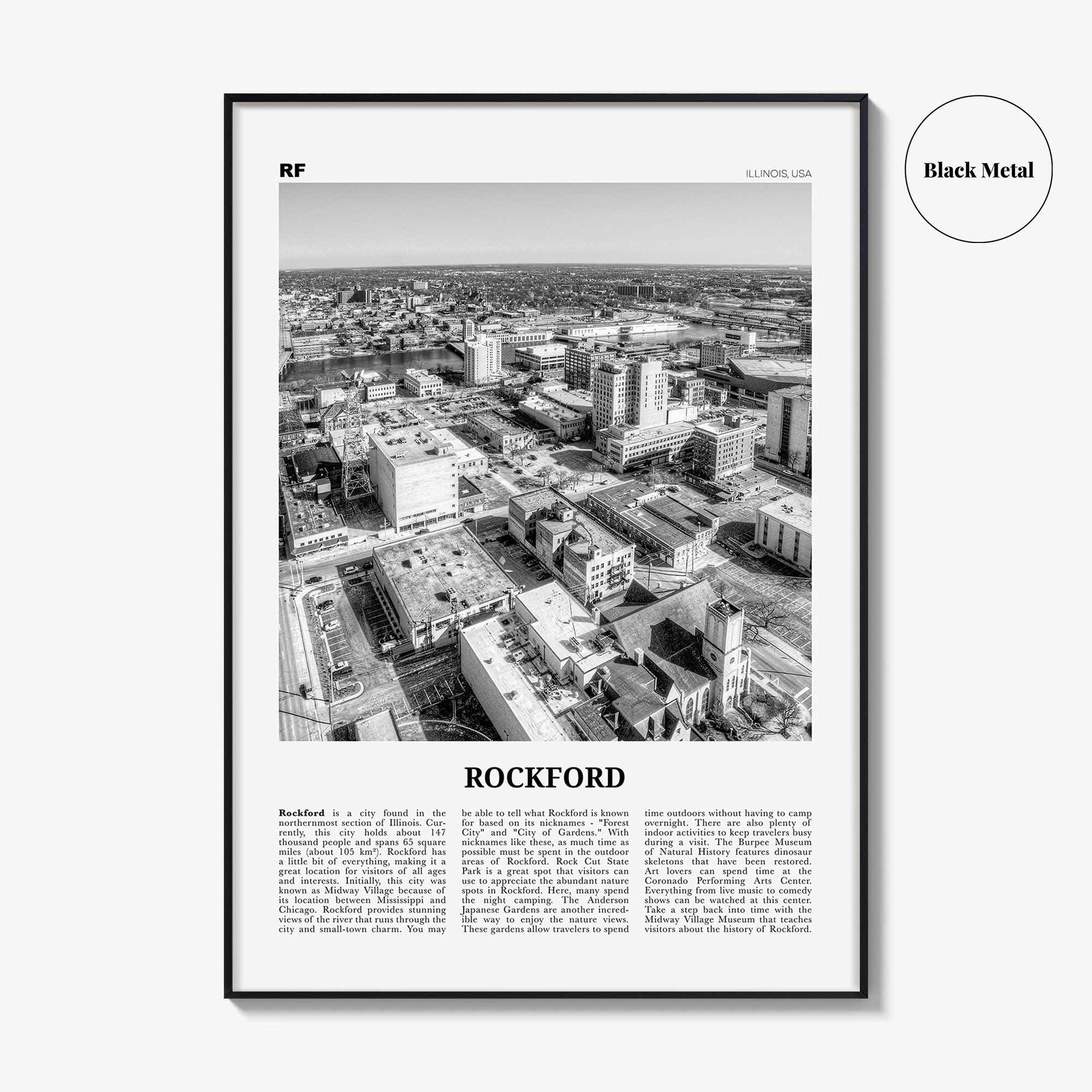 Rockford Print Black and White, Rockford Wall Art, Rockford Poster, Rockford Photo, Rockford Wall Décor, Rockford Map, Illinois, USA