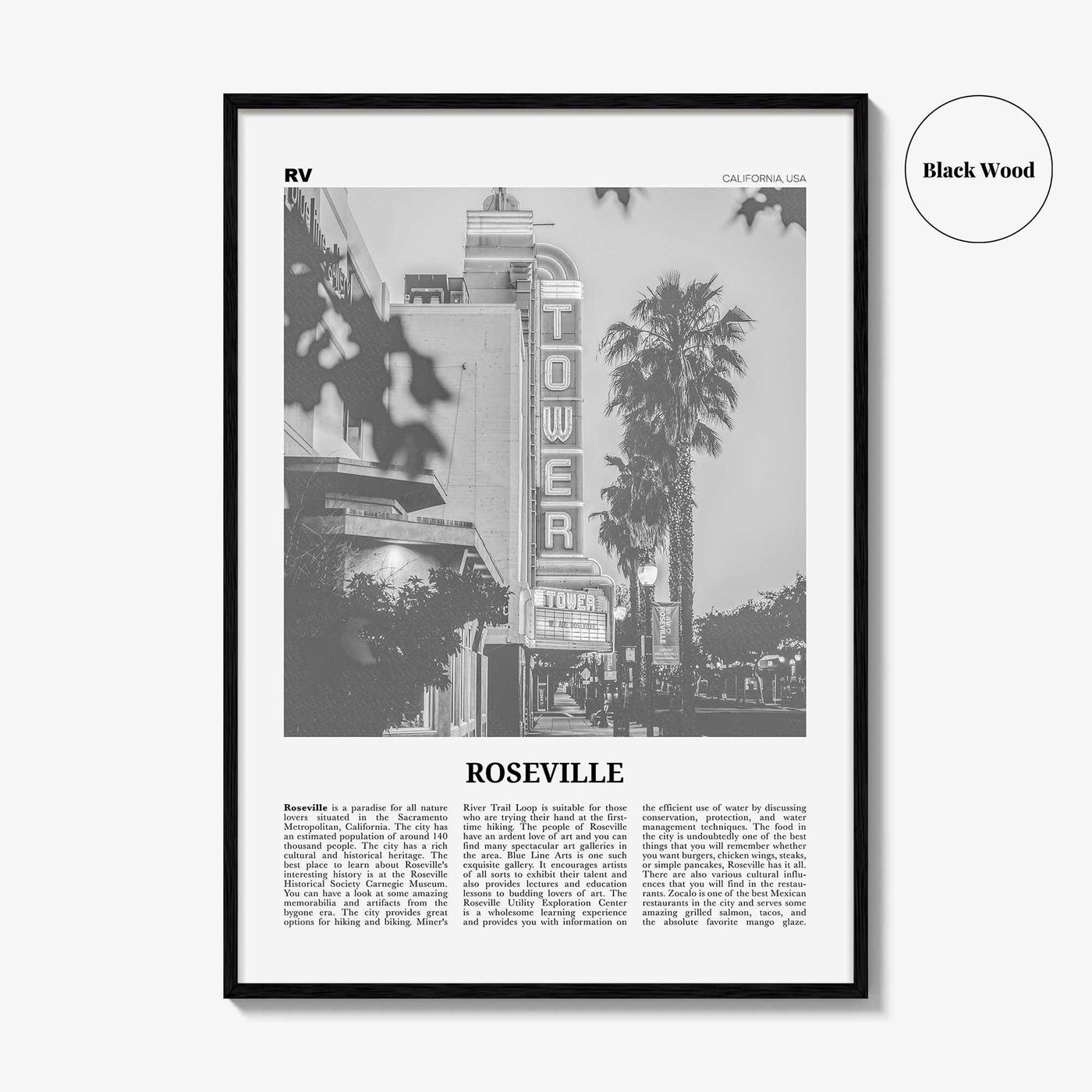 Roseville Print Black and White, Roseville Wall Art, Roseville Poster, Roseville Photo, Roseville Wall Décor, California, USA, United States