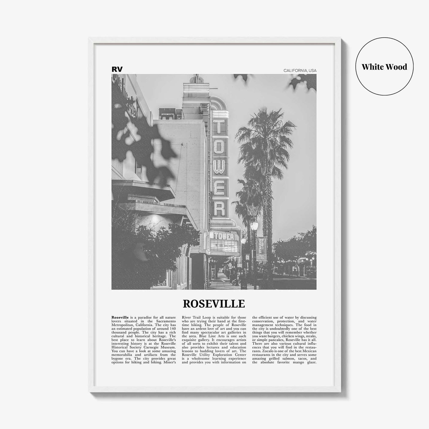 Roseville Print Black and White, Roseville Wall Art, Roseville Poster, Roseville Photo, Roseville Wall Décor, California, USA, United States