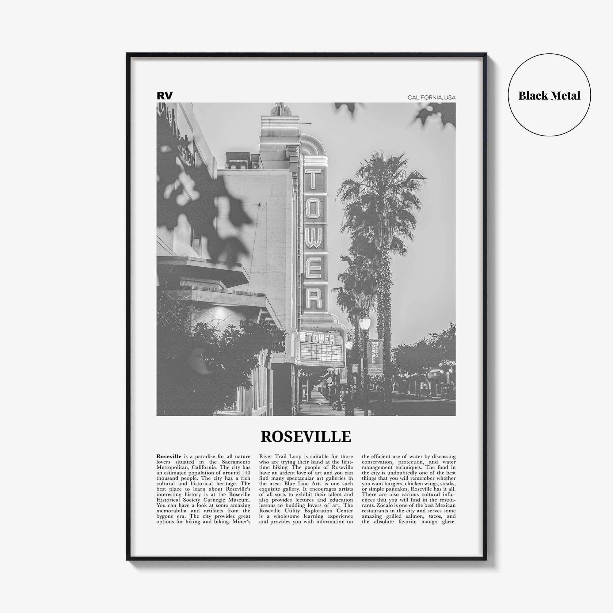 Roseville Print Black and White, Roseville Wall Art, Roseville Poster, Roseville Photo, Roseville Wall Décor, California, USA, United States