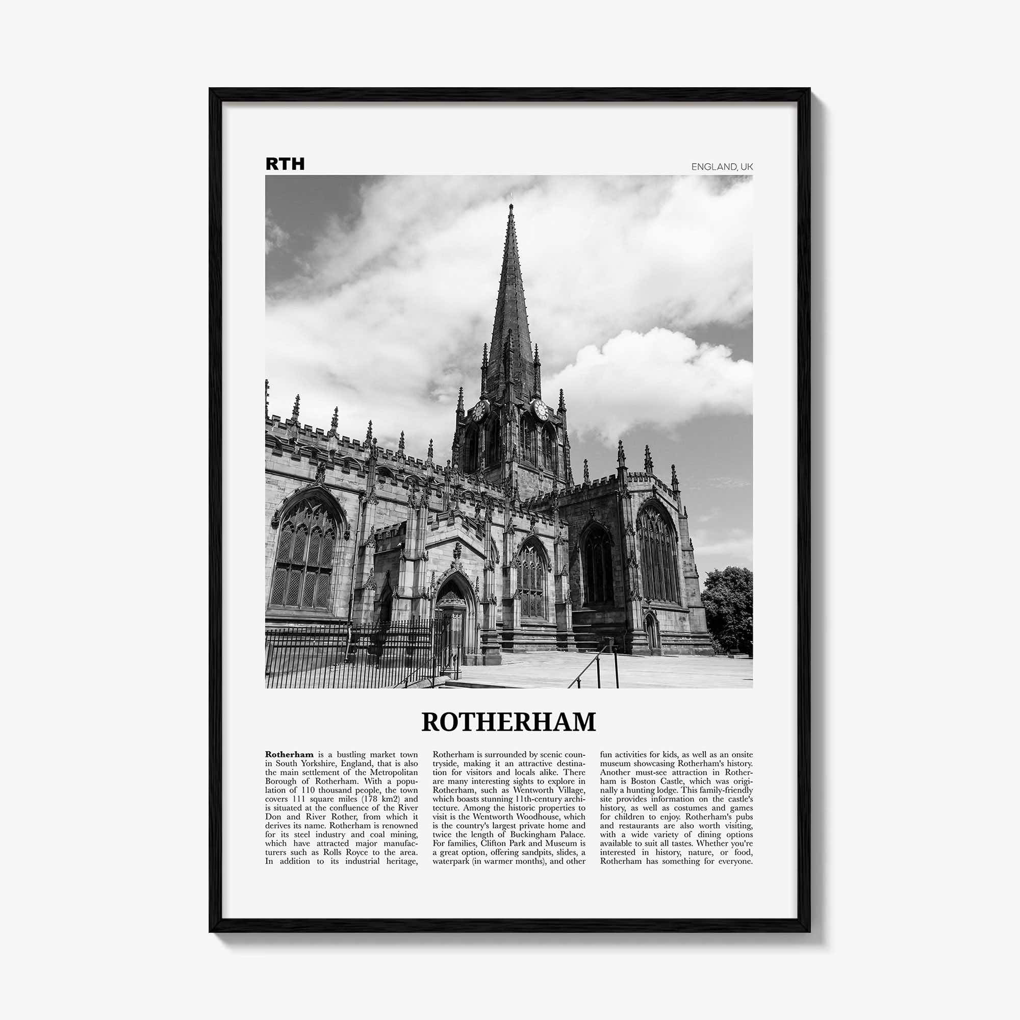 Rotherham Print Black and White, Rotherham Wall Art, Rotherham Poster, Rotherham Photo, Rotherham Wall Décor, Rotherham Map, England