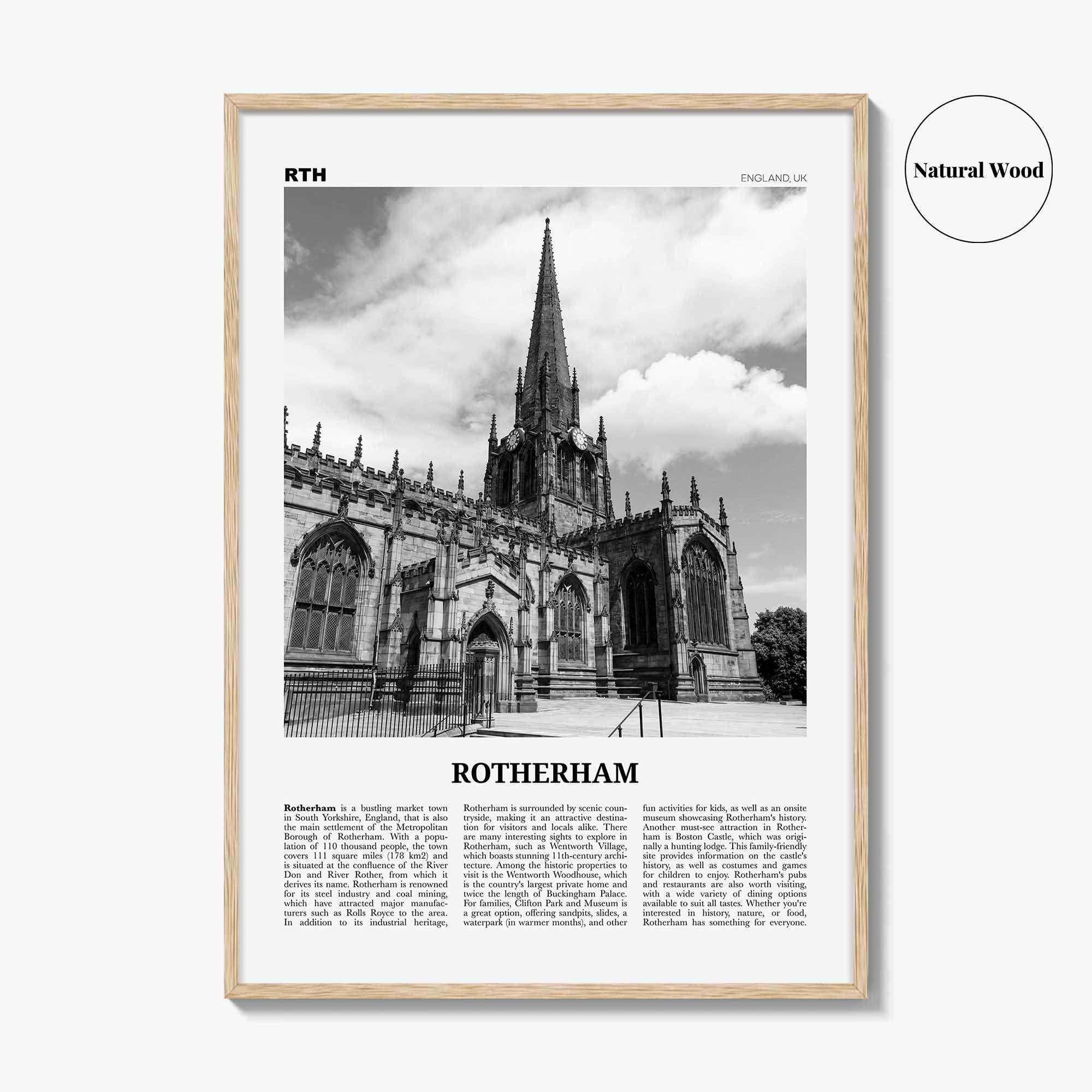 Rotherham Print Black and White, Rotherham Wall Art, Rotherham Poster, Rotherham Photo, Rotherham Wall Décor, Rotherham Map, England