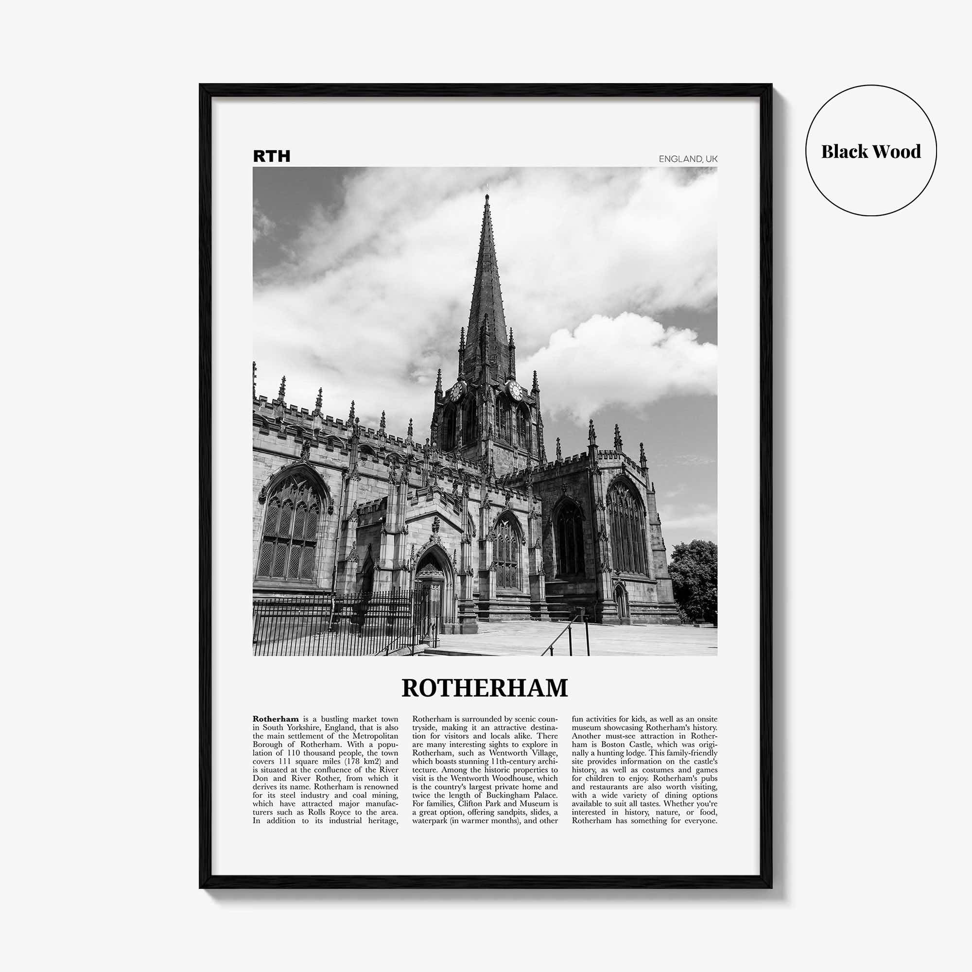 Rotherham Print Black and White, Rotherham Wall Art, Rotherham Poster, Rotherham Photo, Rotherham Wall Décor, Rotherham Map, England