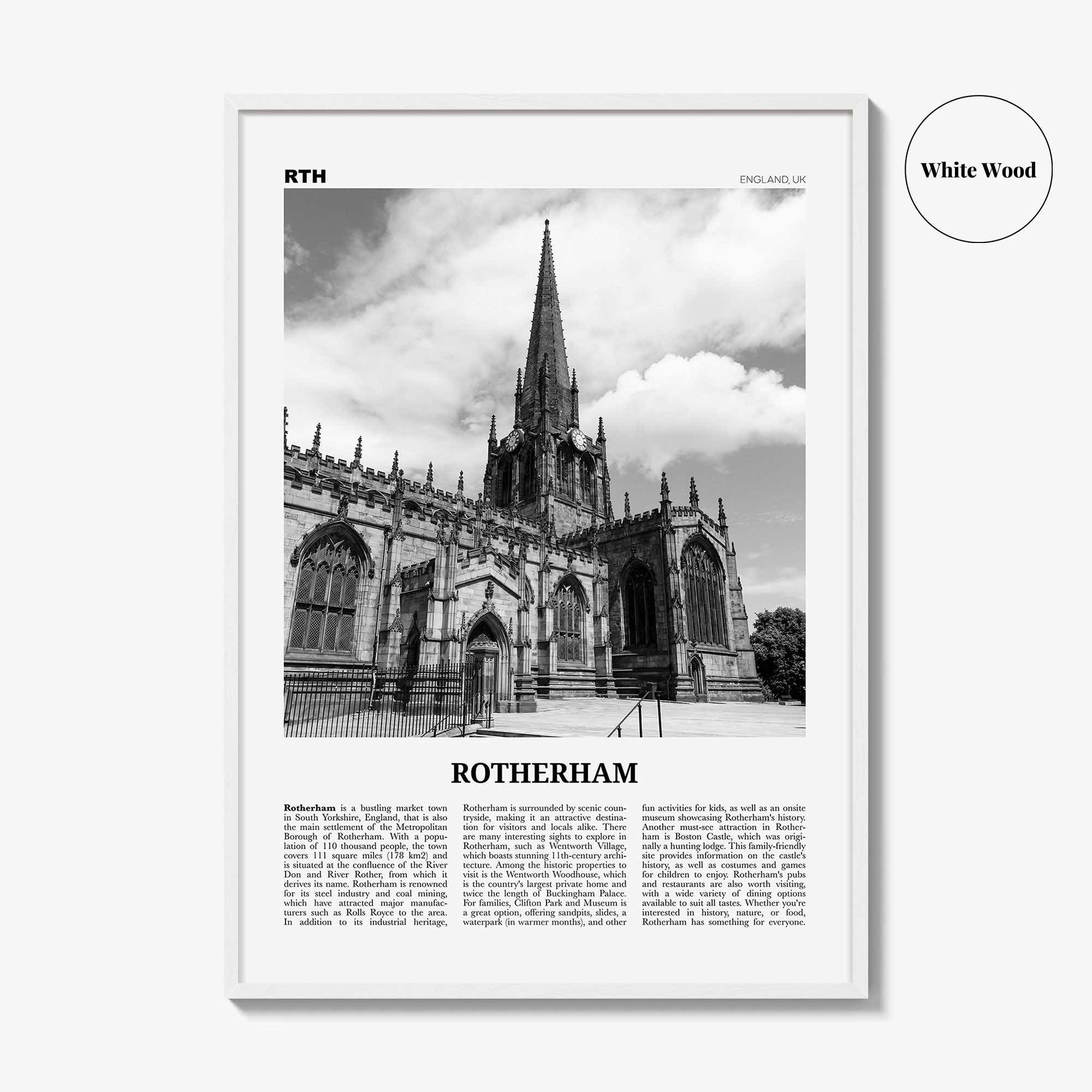 Rotherham Print Black and White, Rotherham Wall Art, Rotherham Poster, Rotherham Photo, Rotherham Wall Décor, Rotherham Map, England