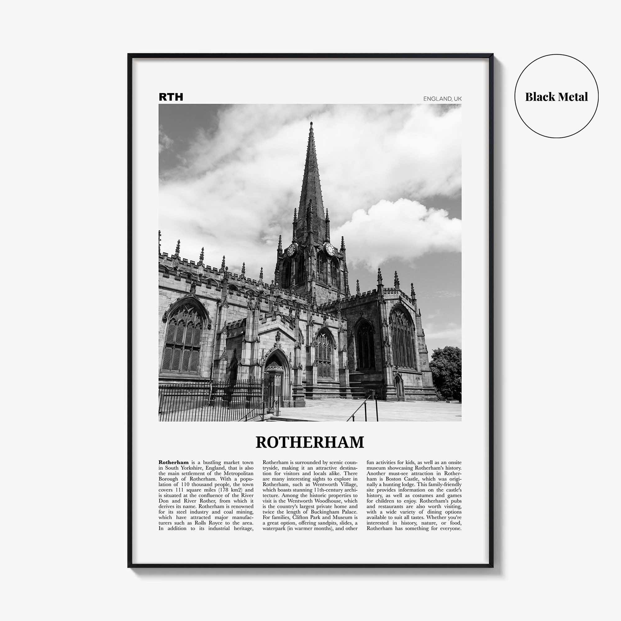 Rotherham Print Black and White, Rotherham Wall Art, Rotherham Poster, Rotherham Photo, Rotherham Wall Décor, Rotherham Map, England