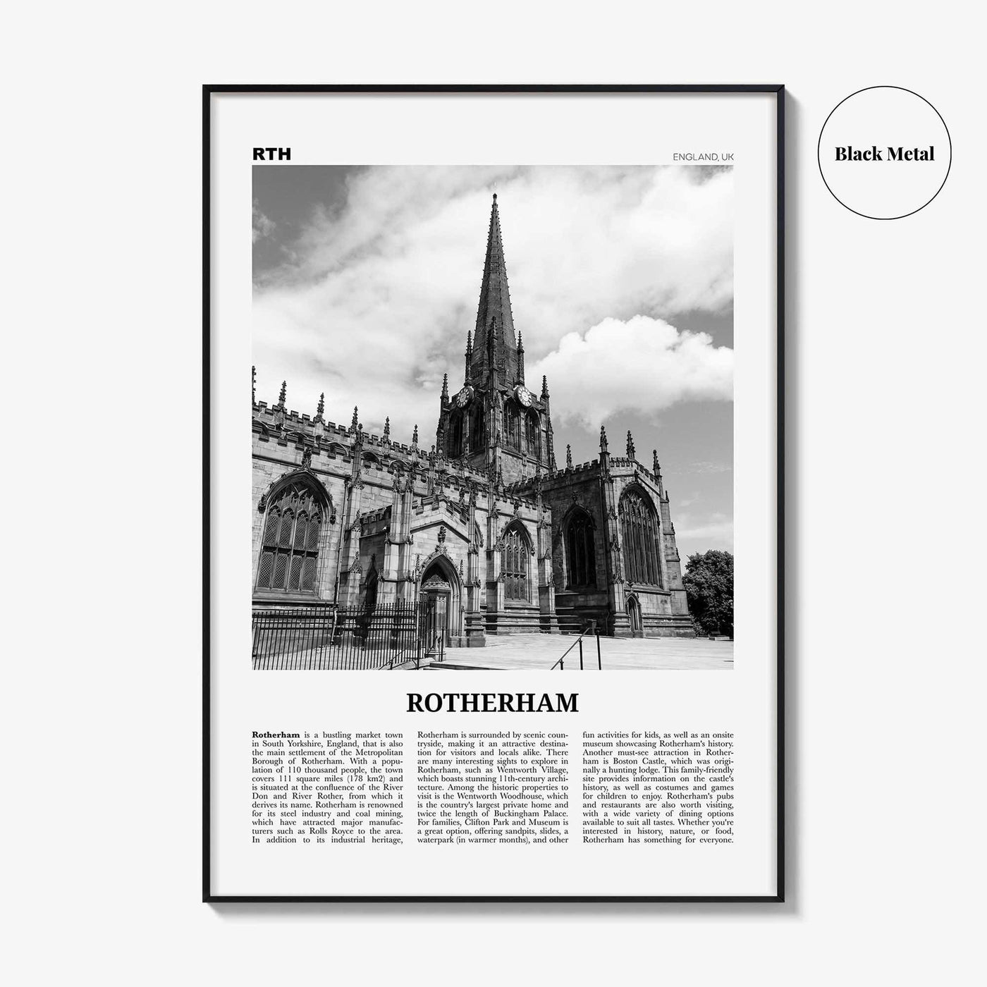 Rotherham Print Black and White, Rotherham Wall Art, Rotherham Poster, Rotherham Photo, Rotherham Wall Décor, Rotherham Map, England