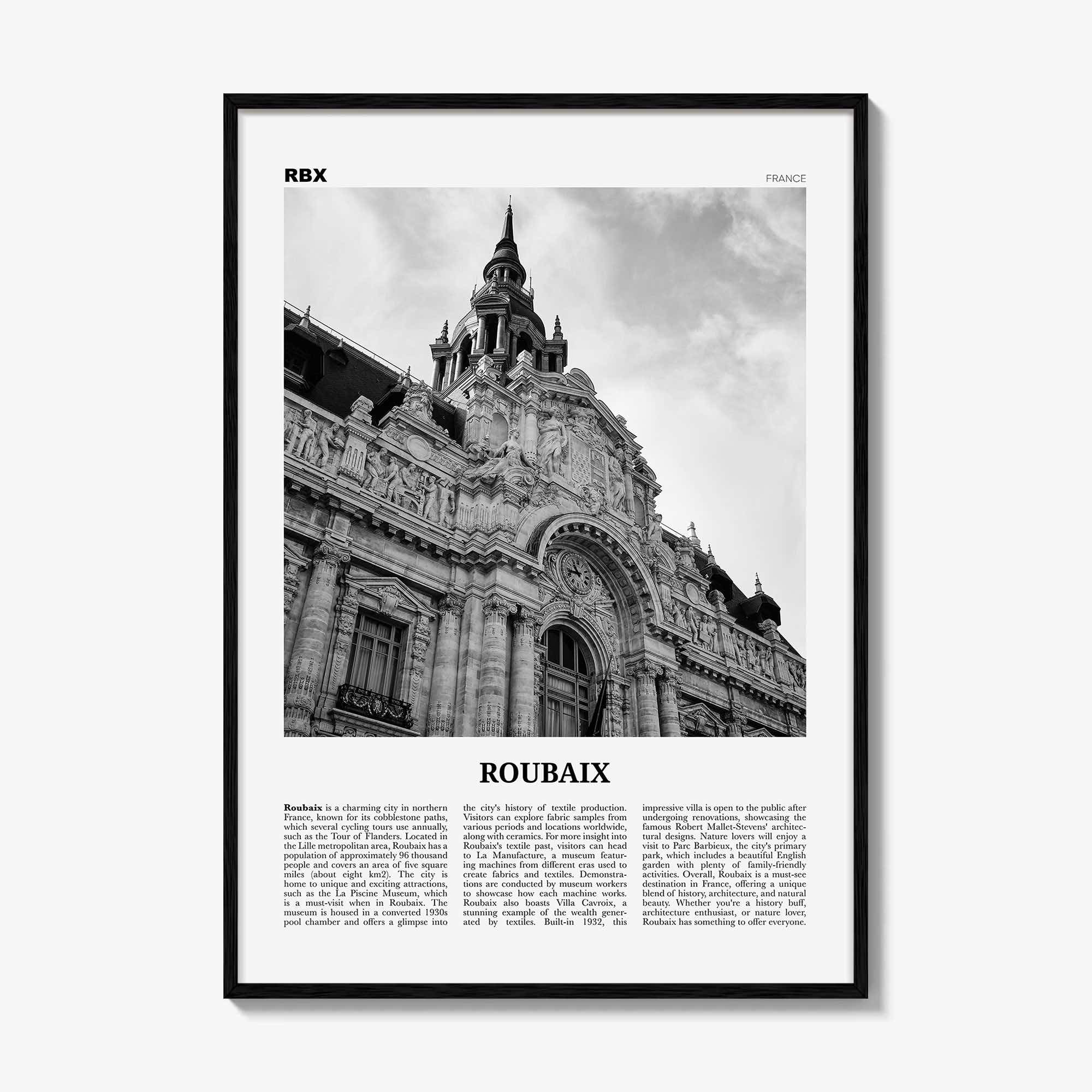 Roubaix Print Black and White, Roubaix Wall Art, Roubaix Poster, Roubaix Photo, Roubaix Wall Décor, Roubaix Map, France